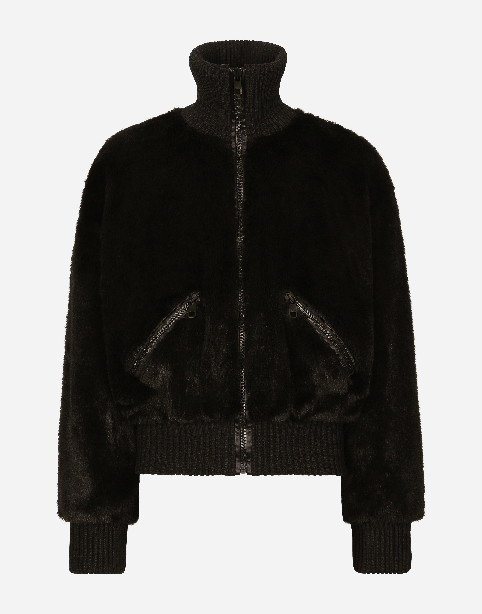 Dolce & Gabbana Faux Fur Jacket With Logo Tag In Black