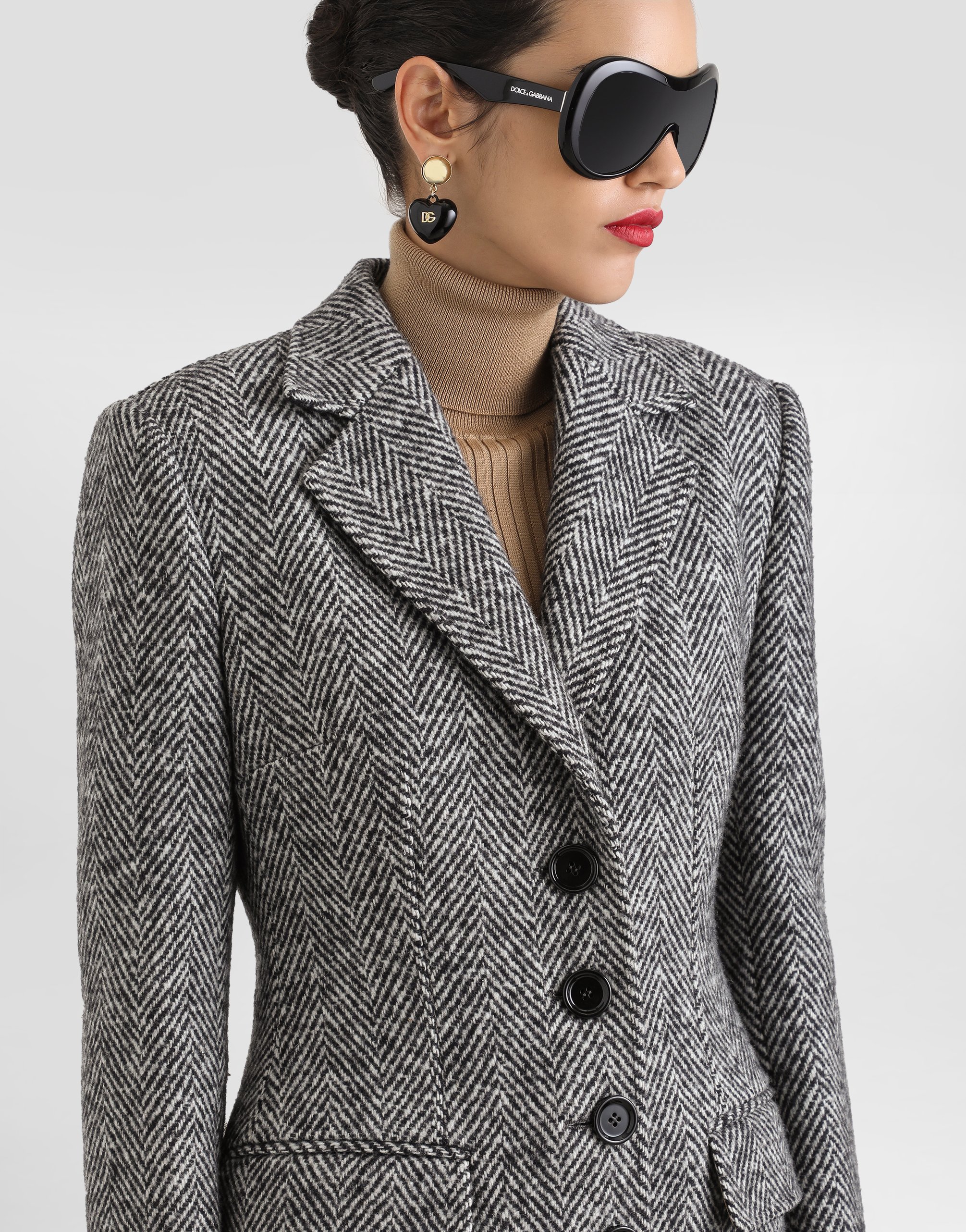 Dolce & Gabbana Single-breasted Coat In Wool Chevron In Multi