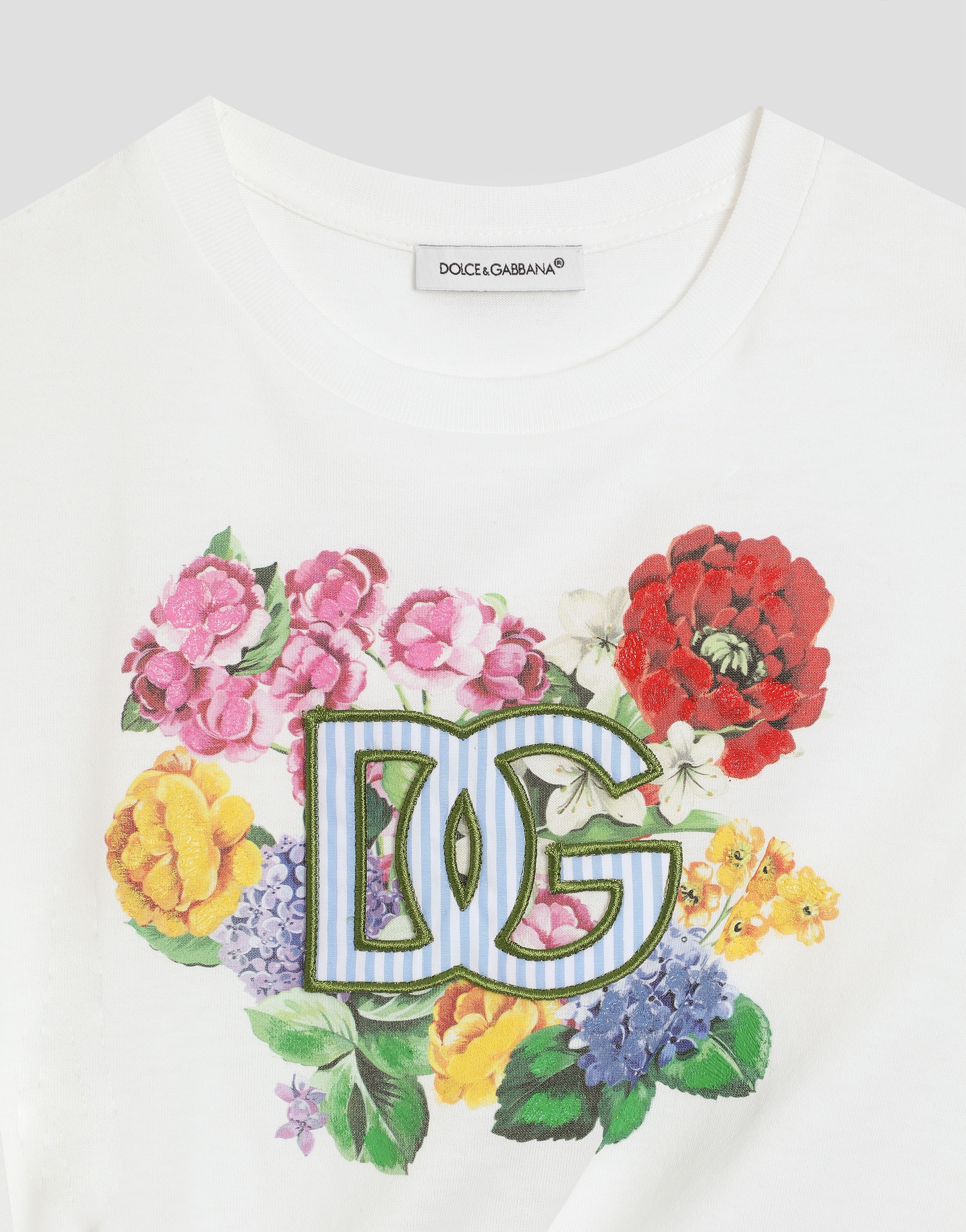 Dolce & Gabbana Jersey T-shirt With Flowers And Dg Logo In White