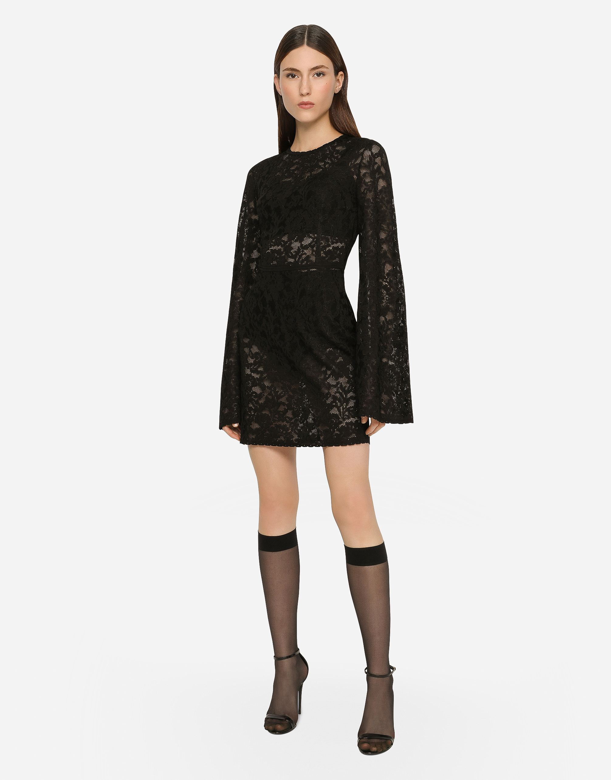 Short lace-stitch dress with full sleeves