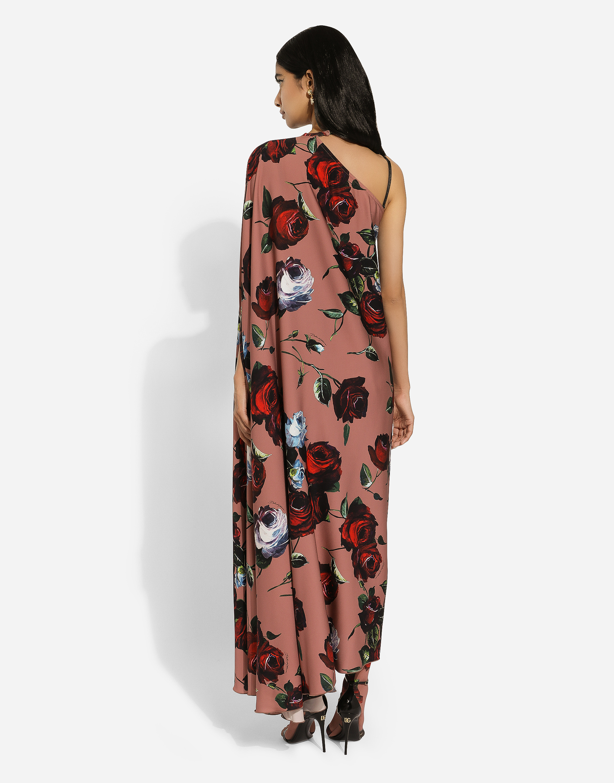 Shop Dolce & Gabbana Asymmetrical Charmeuse Dress With Vintage Rose Print