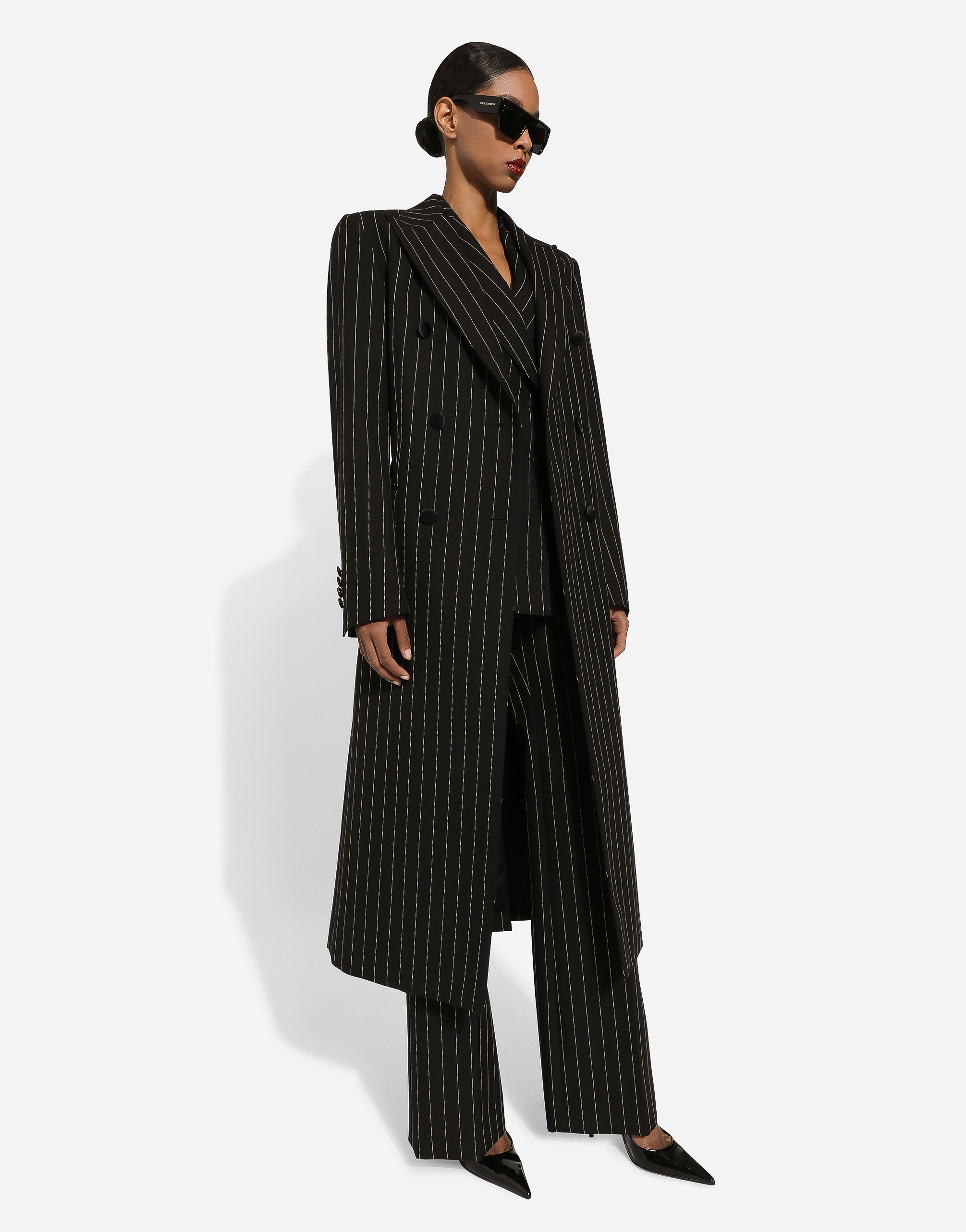 Shop Dolce & Gabbana Pinstripe Double-breasted Coat In Woolen Fabric In Multicolor