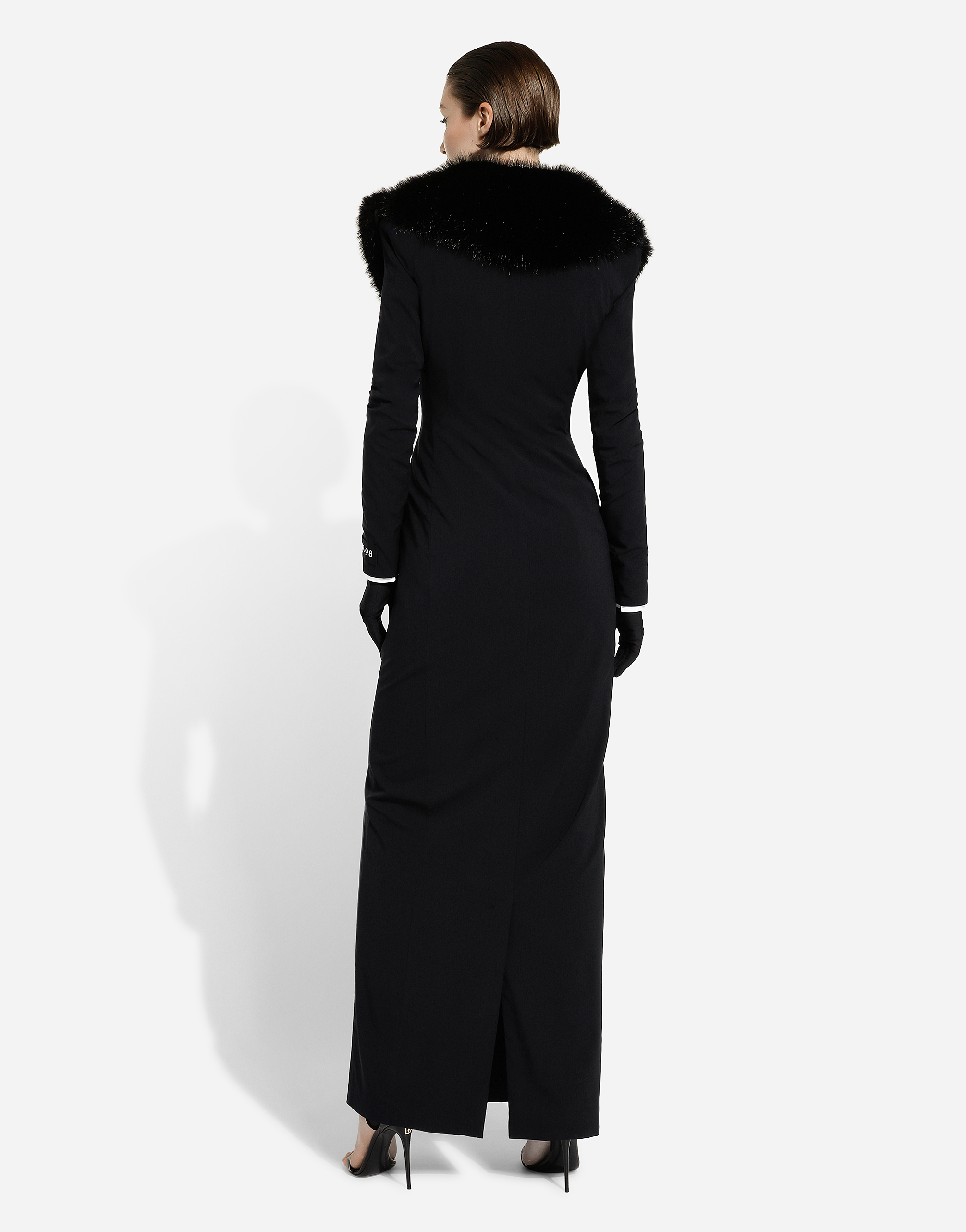 Shop Dolce & Gabbana Long Silk Georgette Coat With Faux Fur Collar In Black