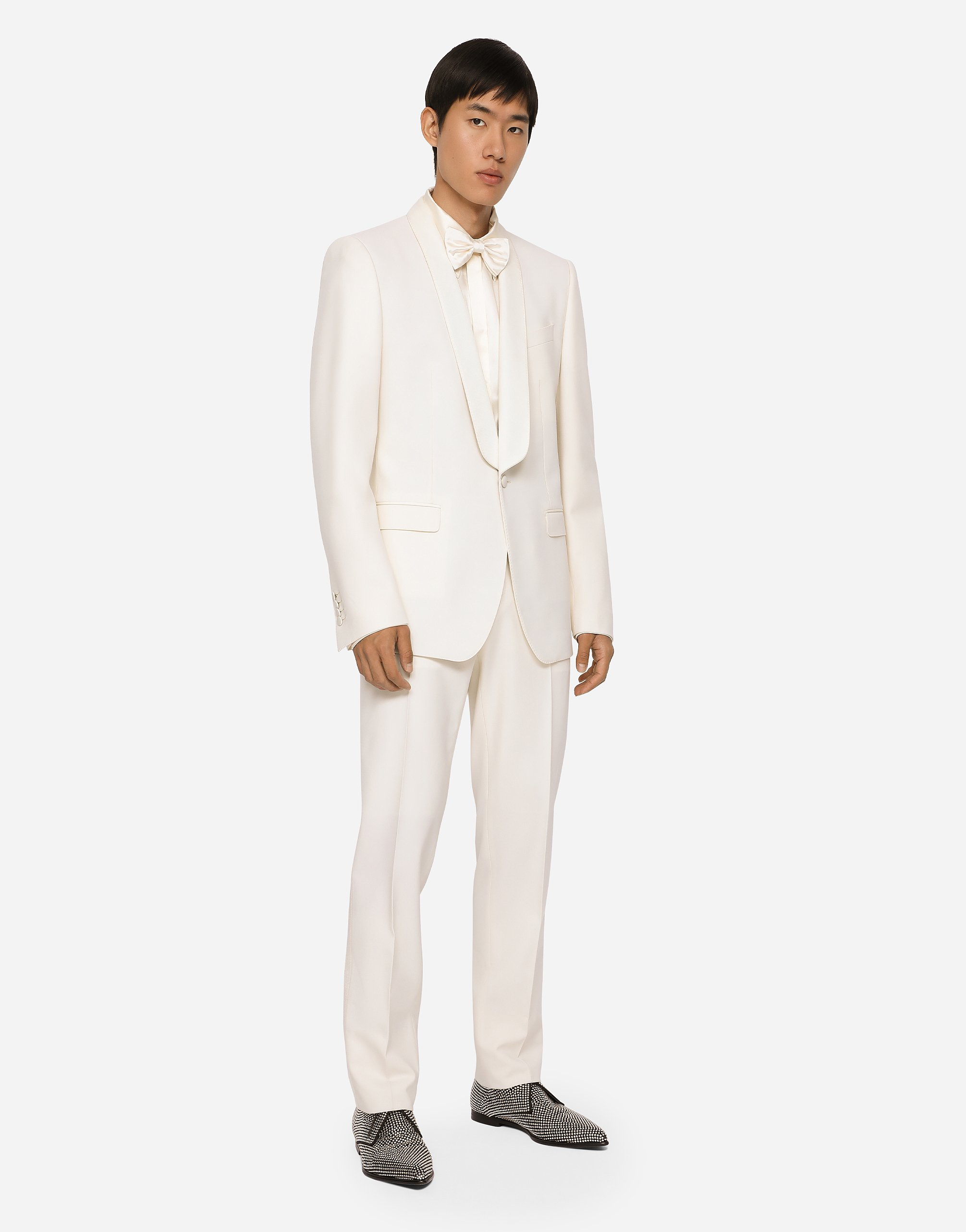 Dolce & Gabbana White Slim Pants With Covered Button In Wool And Silk Blend Man In White