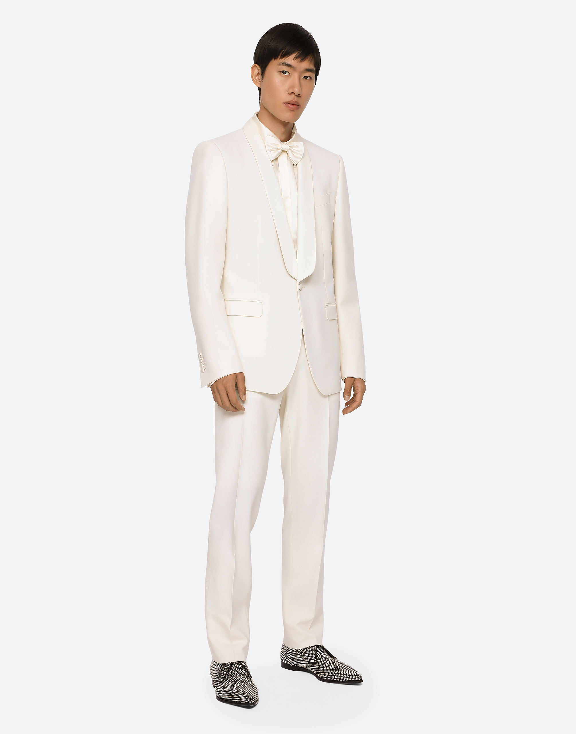 Shop Dolce & Gabbana Stretch Wool Tuxedo Pants In White