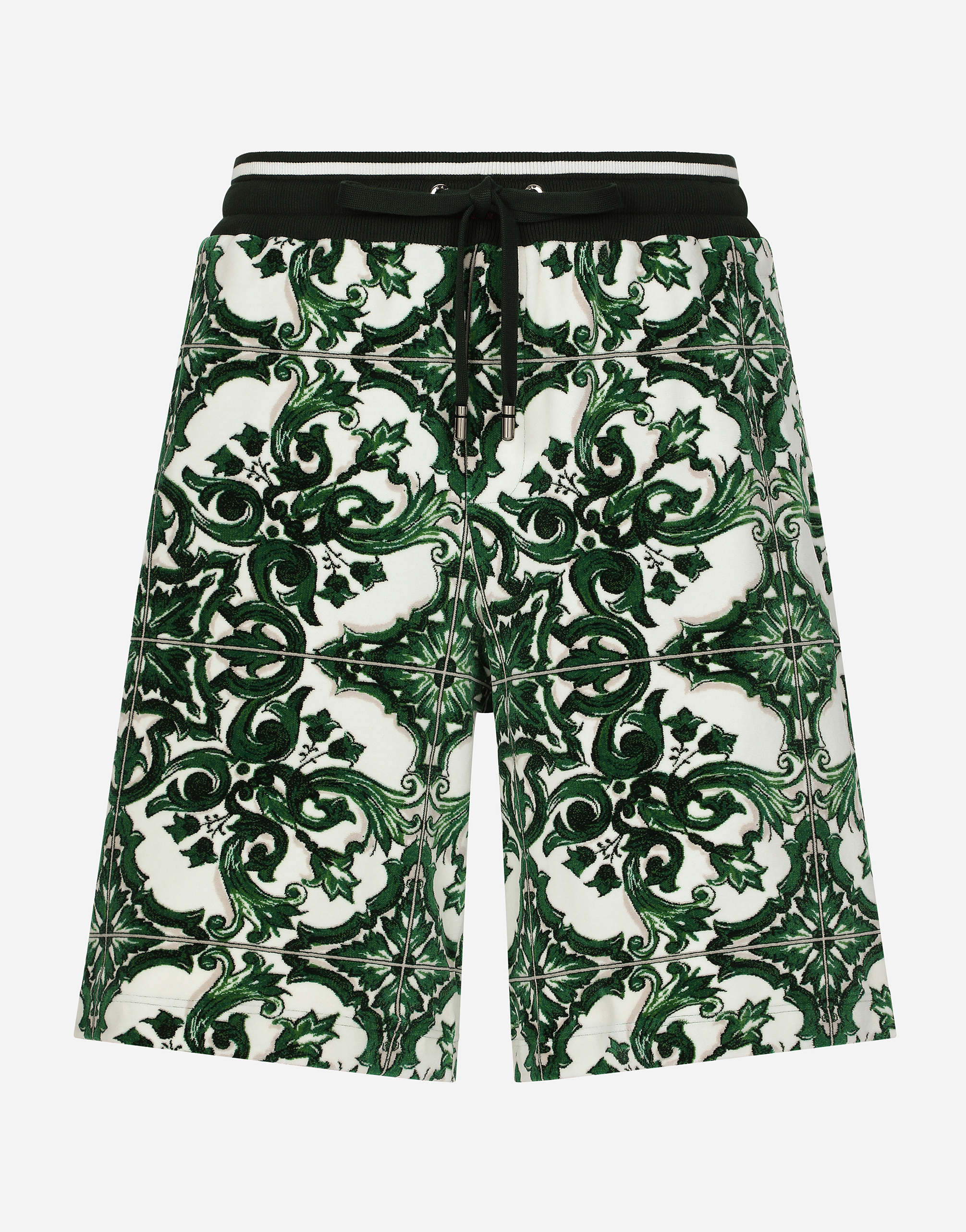 Dolce & Gabbana Chenille Jogging Shorts With Majolica Print - Man Pants And Shorts Multi-colored