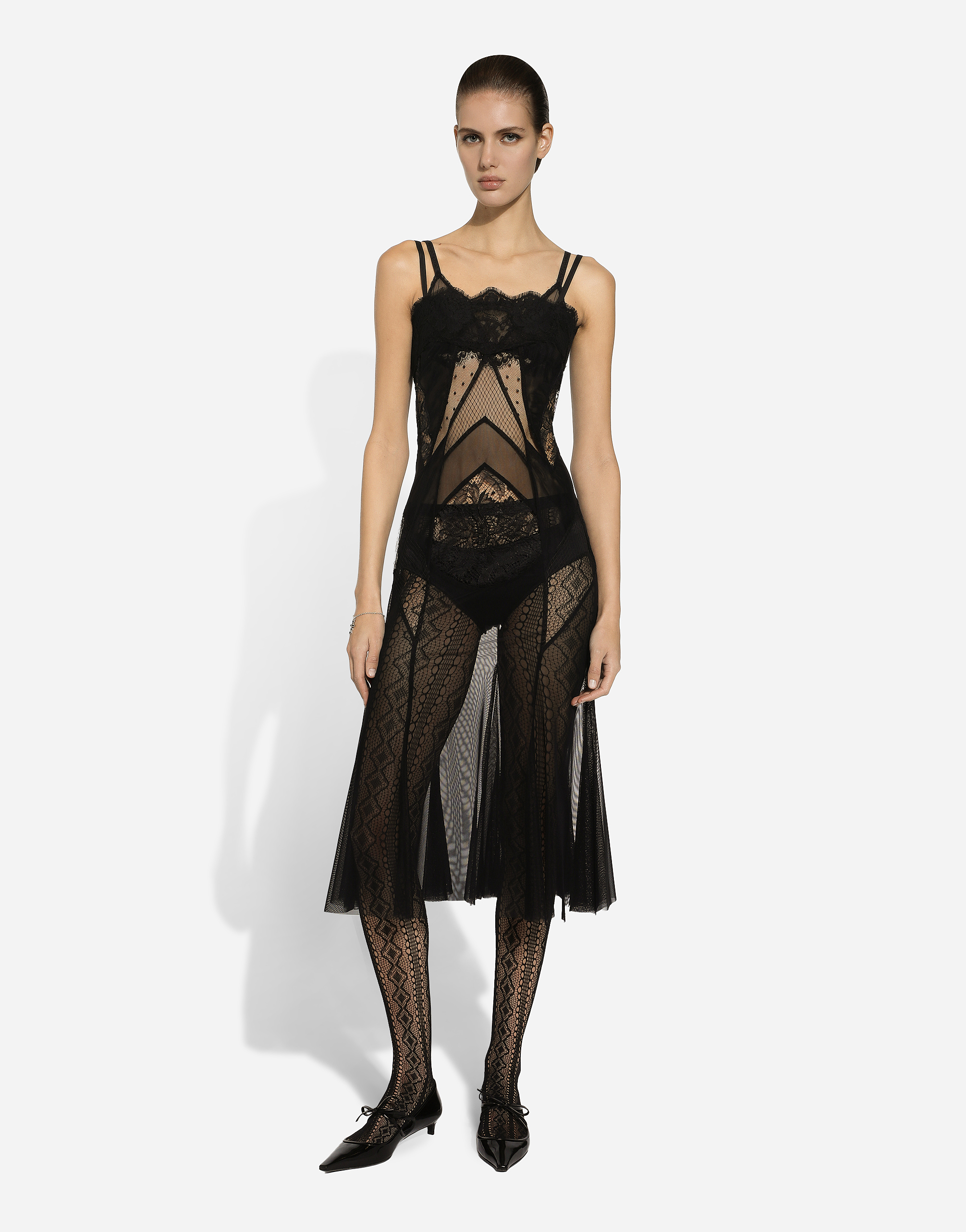 Dolce & Gabbana Tulle, Mesh And Lace Slip Dress In ブラック