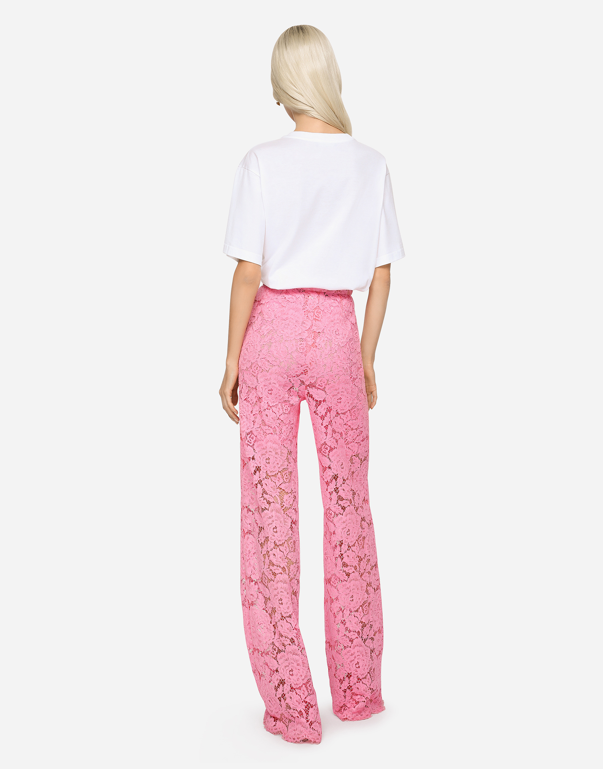 Shop Dolce & Gabbana Flared Branded Stretch Lace Pants In Pink