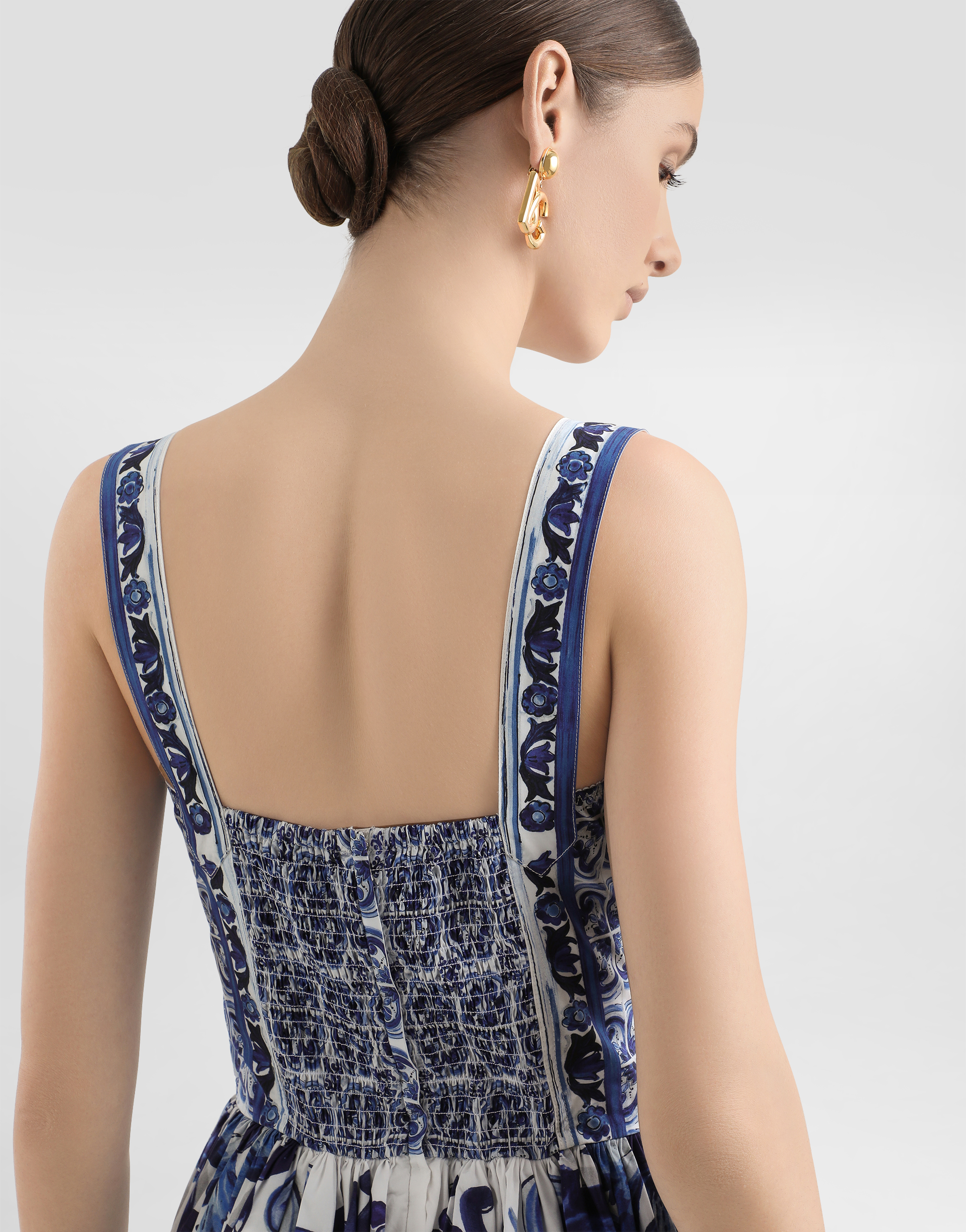Calf-length bustier dress majolica-print poplin