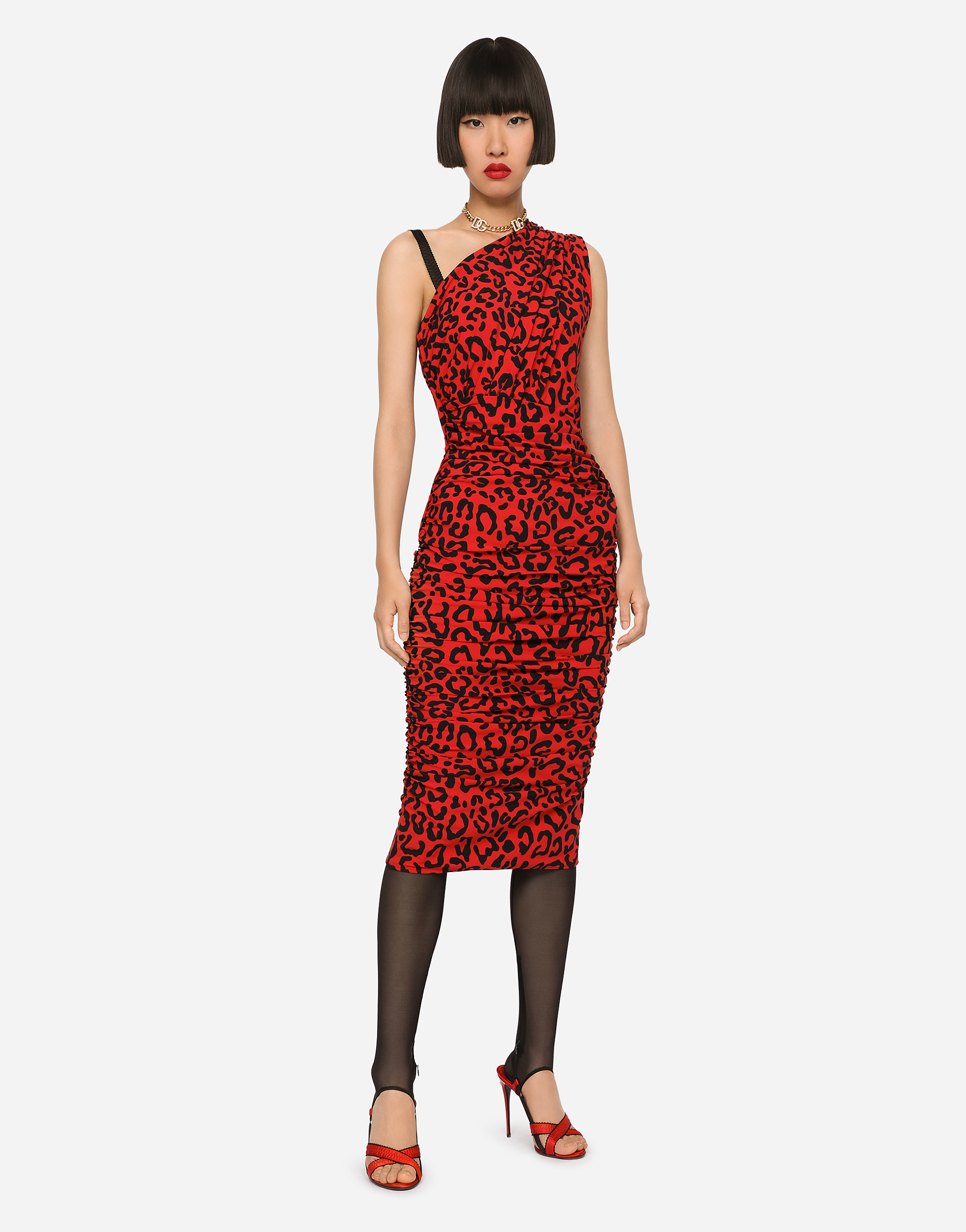 DOLCE & GABBANA ONE-SHOULDER LEOPARD-PRINT JERSEY DRESS