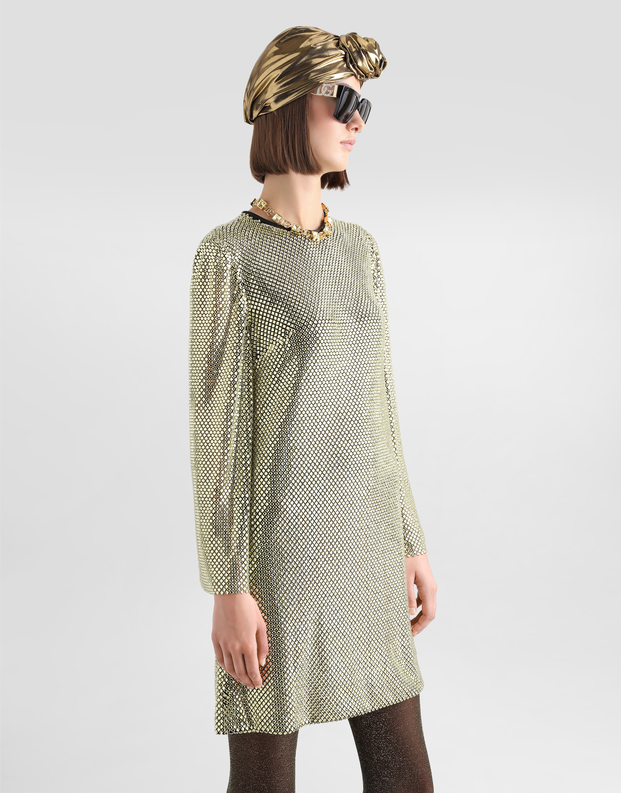 Dolce & Gabbana Short Long-sleeved Dress In Crystal Mesh In Oro