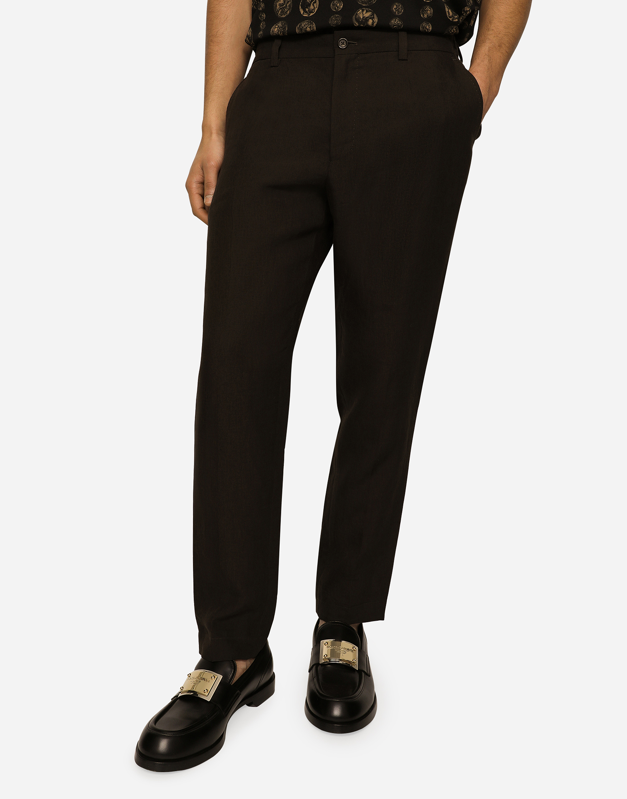 Shop Dolce & Gabbana Linen Pants With Logo Label In Brown