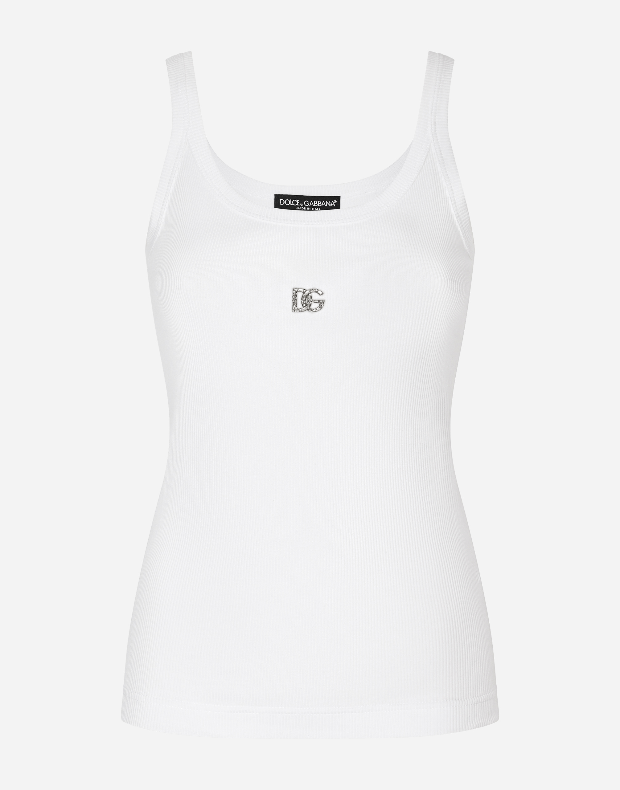 DOLCE & GABBANA FINE-RIB TANK TOP WITH CRYSTAL DG LOGO