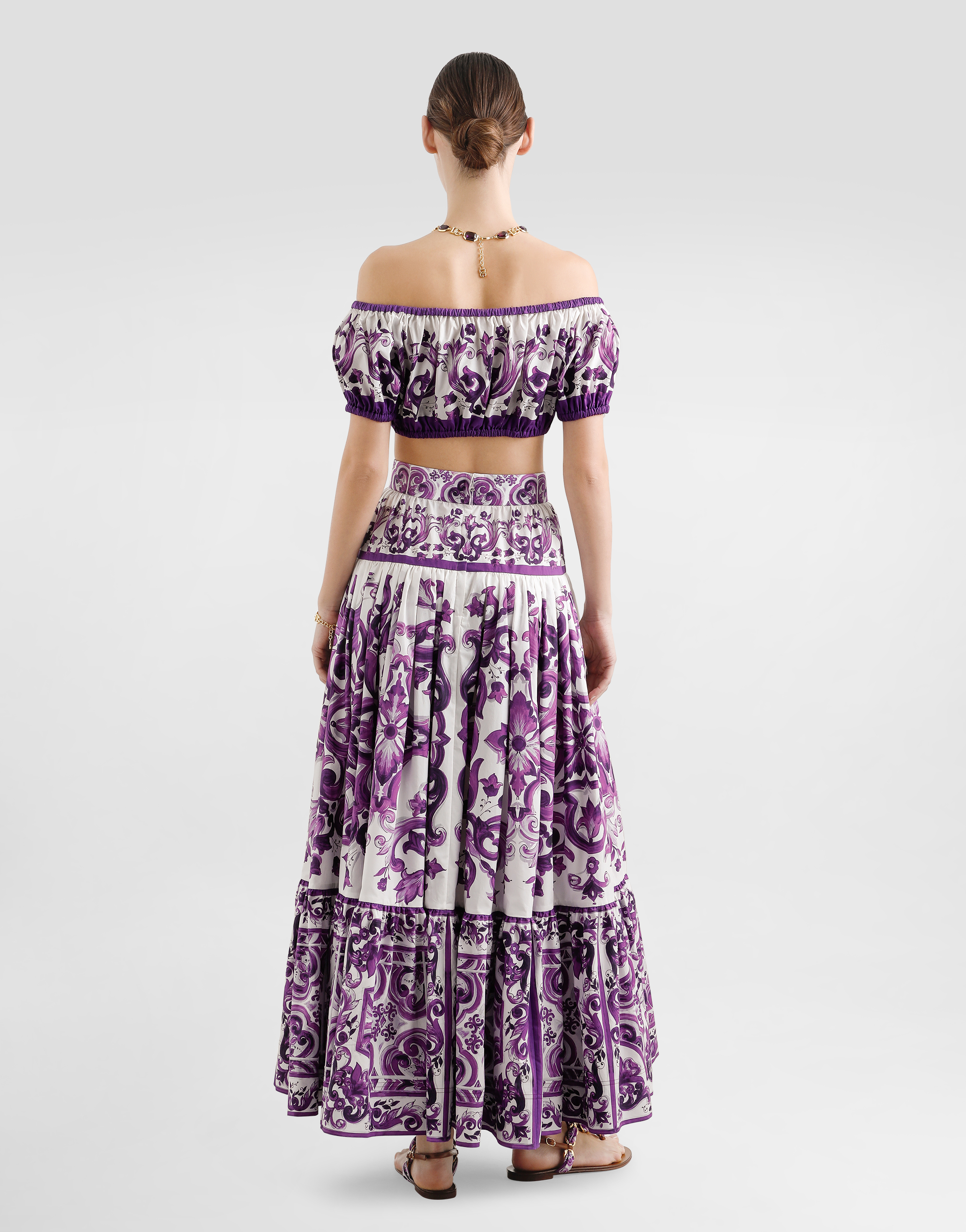 Dolce & Gabbana Violet Off-shoulder Cropped Top With All-over Floral Print In Cotton Woman