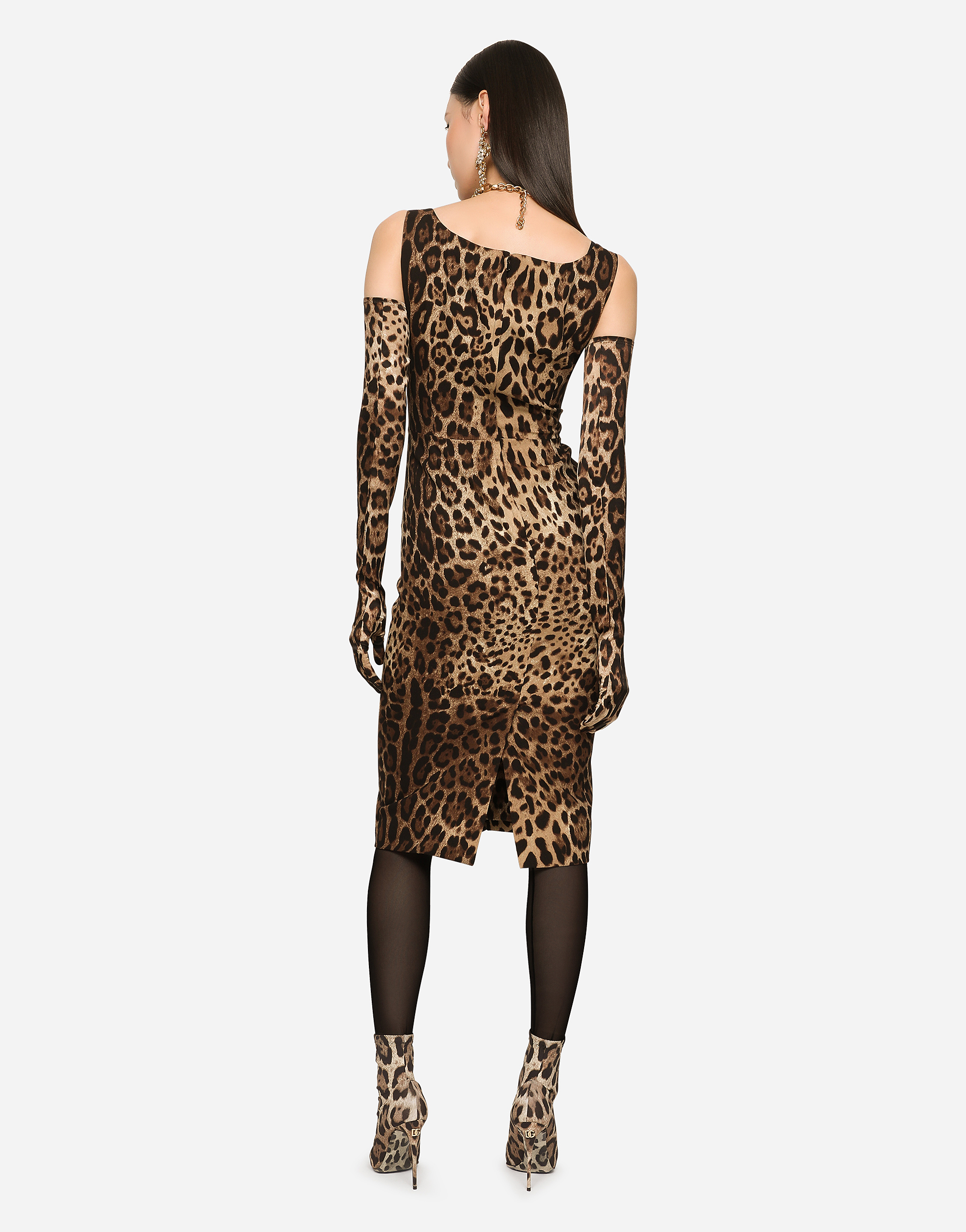Dolce & Gabbana Mini Brown Dress With All-over Leo Print In Stretch Viscose Woman In Multicolor
