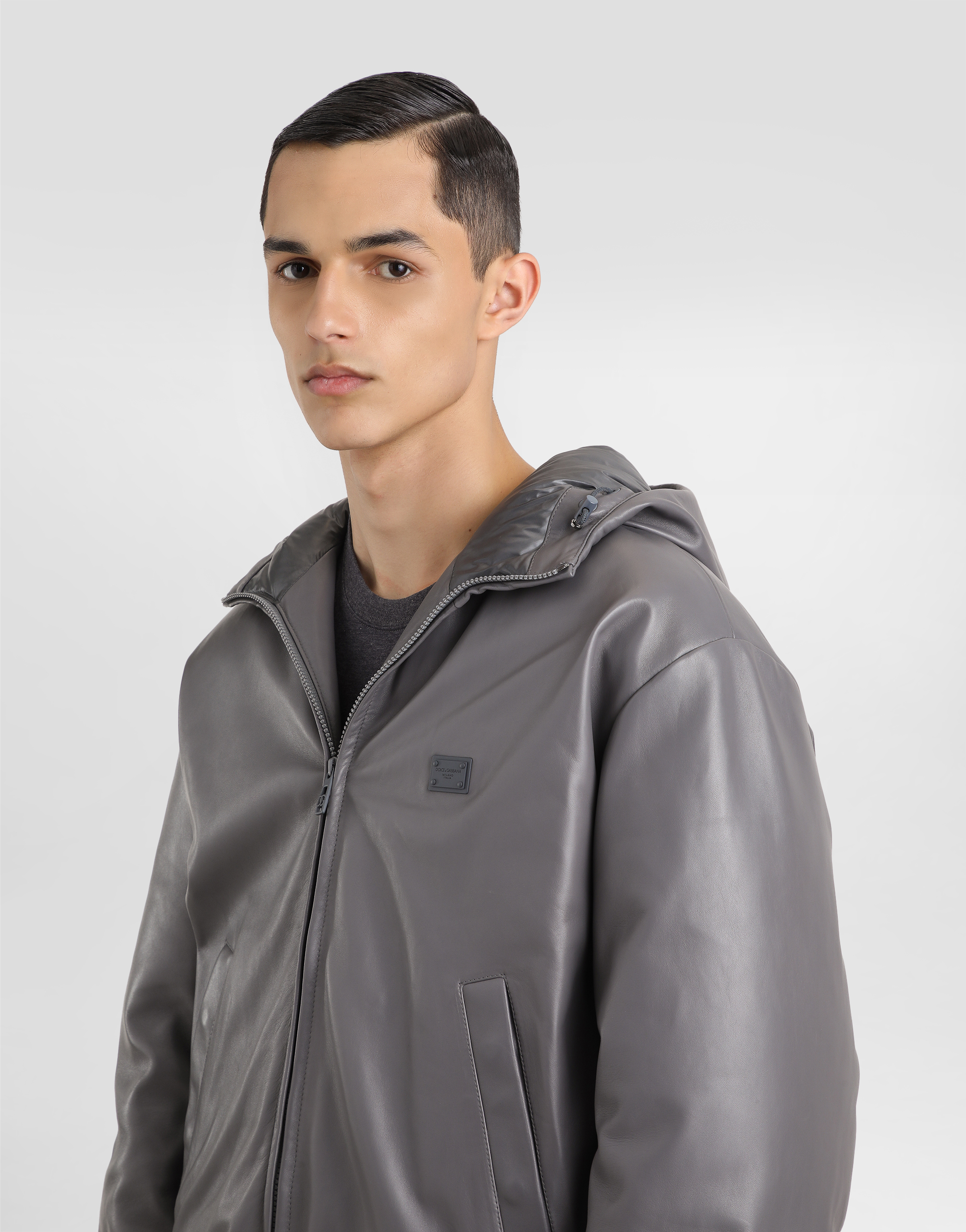 Dolce & Gabbana Padded Leather Jacket With Hood And Tag In Grey