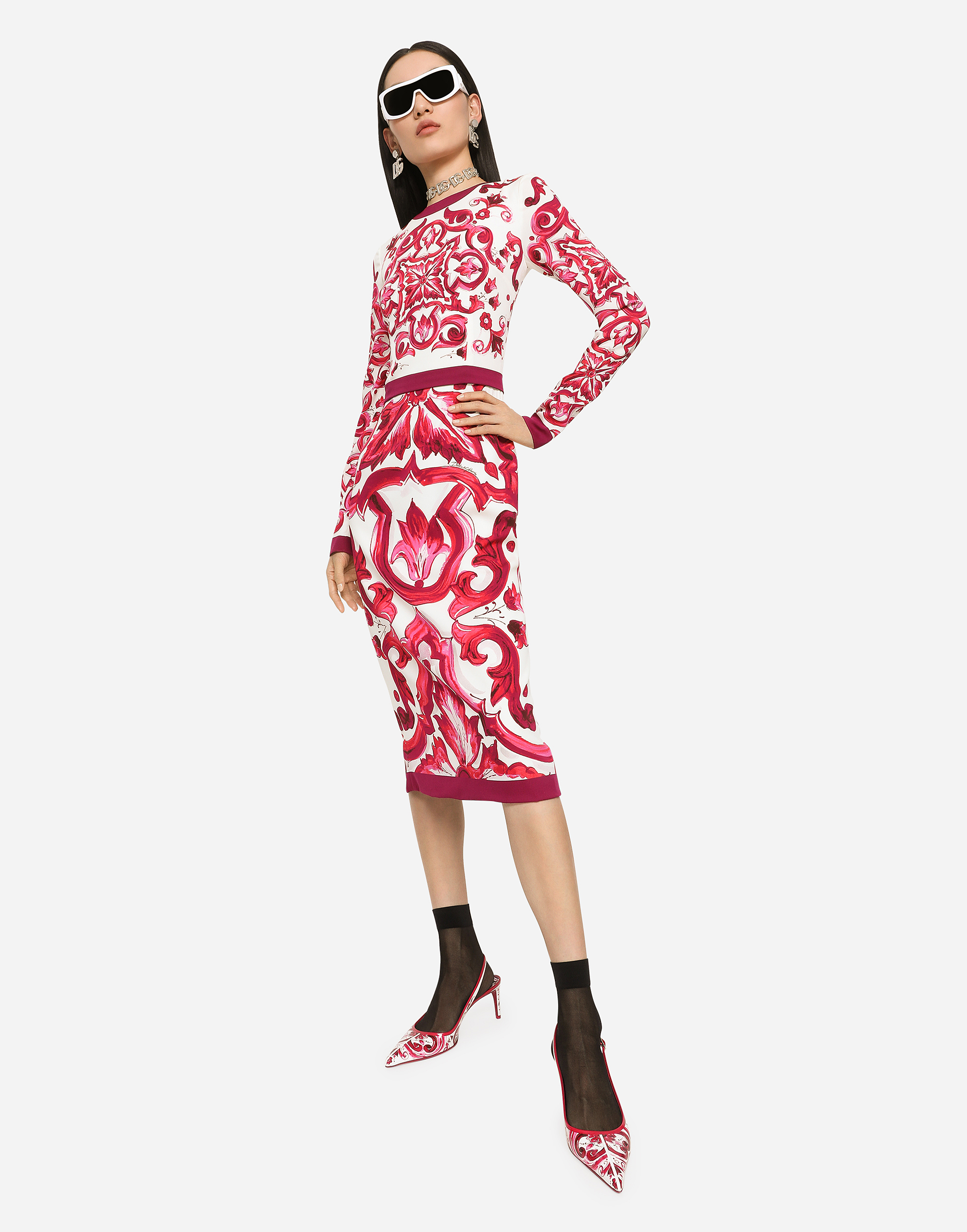 DOLCE & GABBANA MAJOLICA-PRINT CHARMEUSE MIDI DRESS
