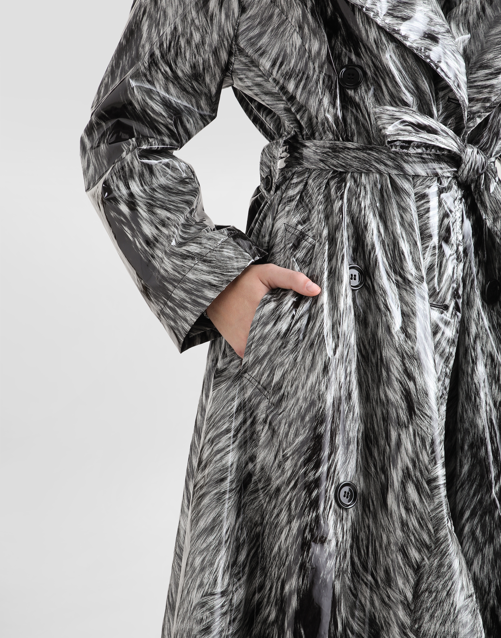 Dolce & Gabbana Fur-print Coated Satin Trench Coat In Grey