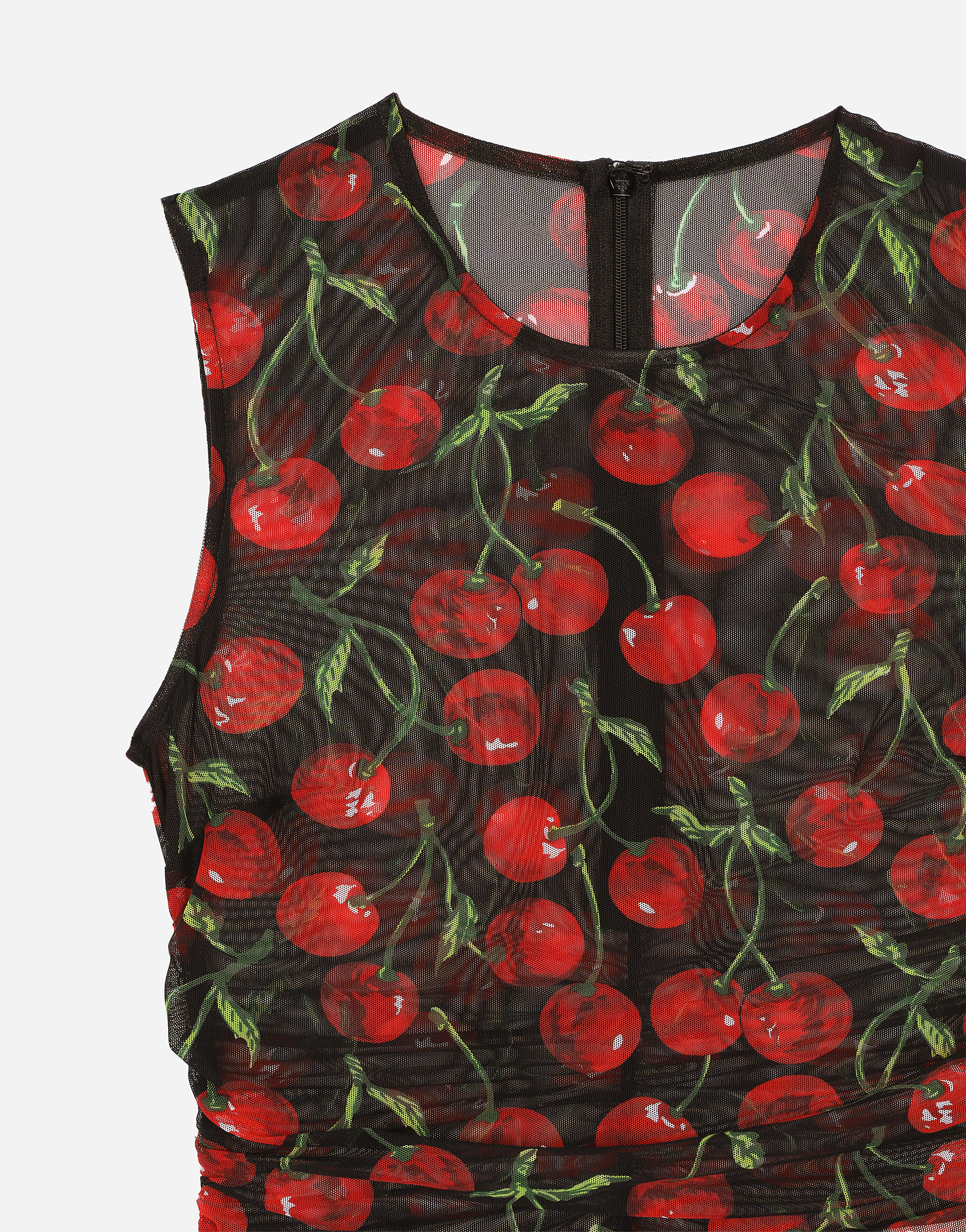 DOLCE & GABBANA SLEEVELESS TULLE TOP WITH CHERRY PRINT AND DRAPING