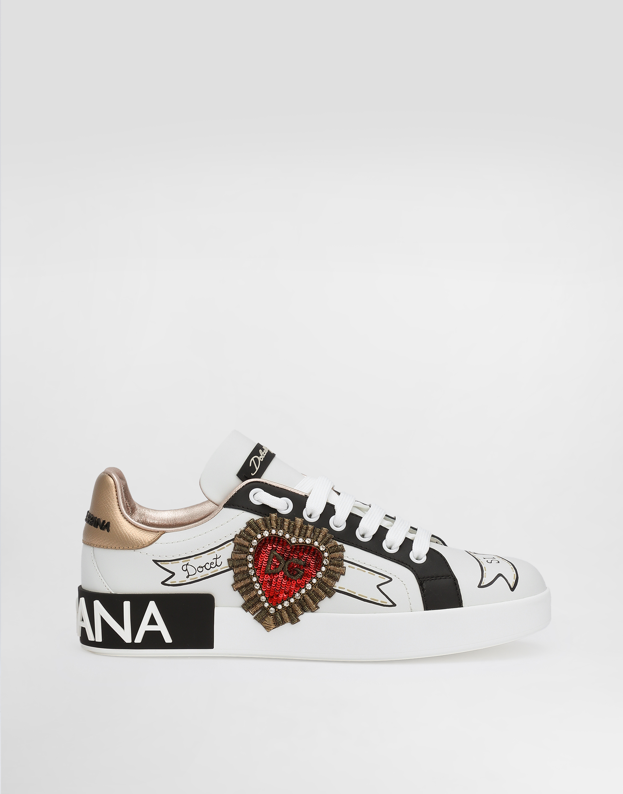 Dolce & Gabbana Printed Calfskin Nappa Portofino Sneakers With Embroidery - Woman Sneakers White Leather