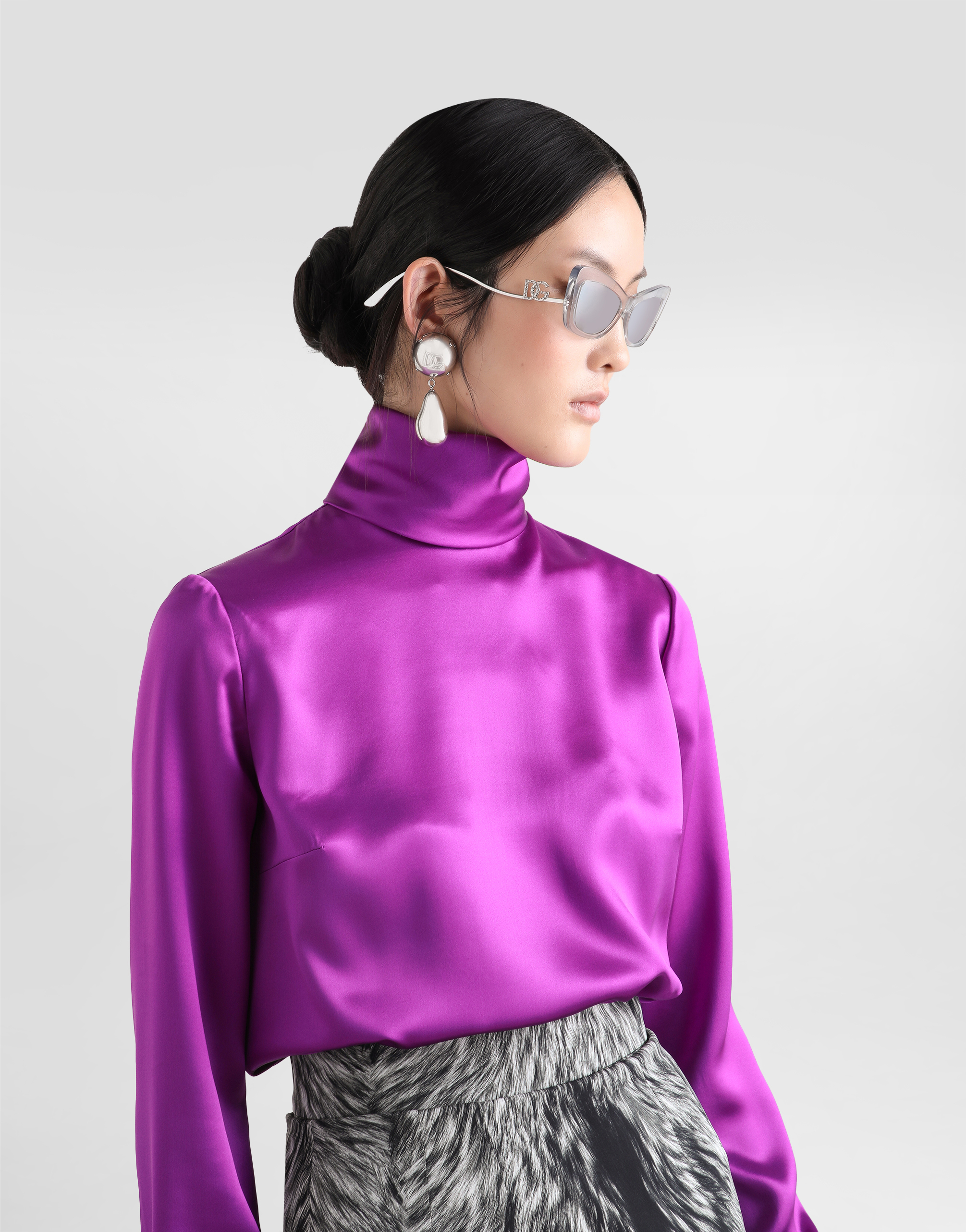 Dolce & Gabbana Silk Satin Sack Top With Turtle-neck In Multicolor