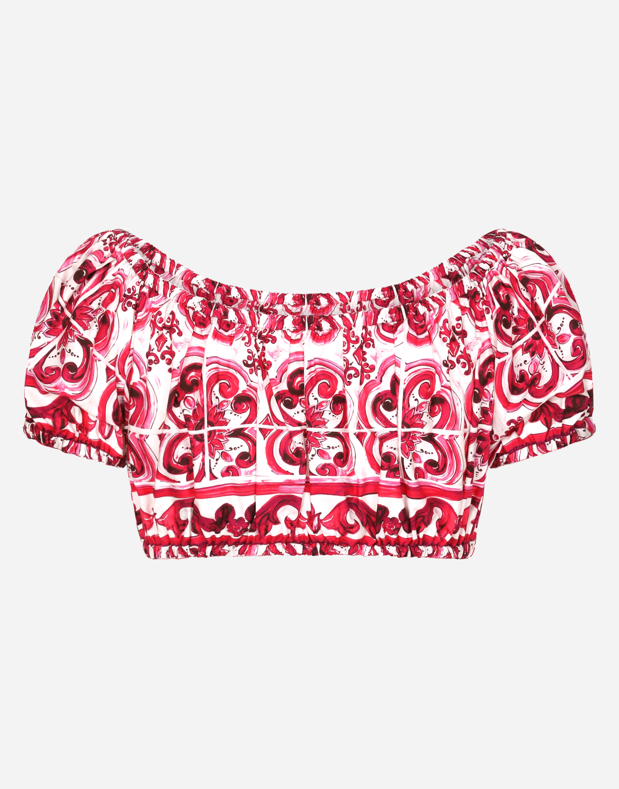 Shop Dolce & Gabbana Cotton Poplin Crop Top With Majolica Print In Multicolor