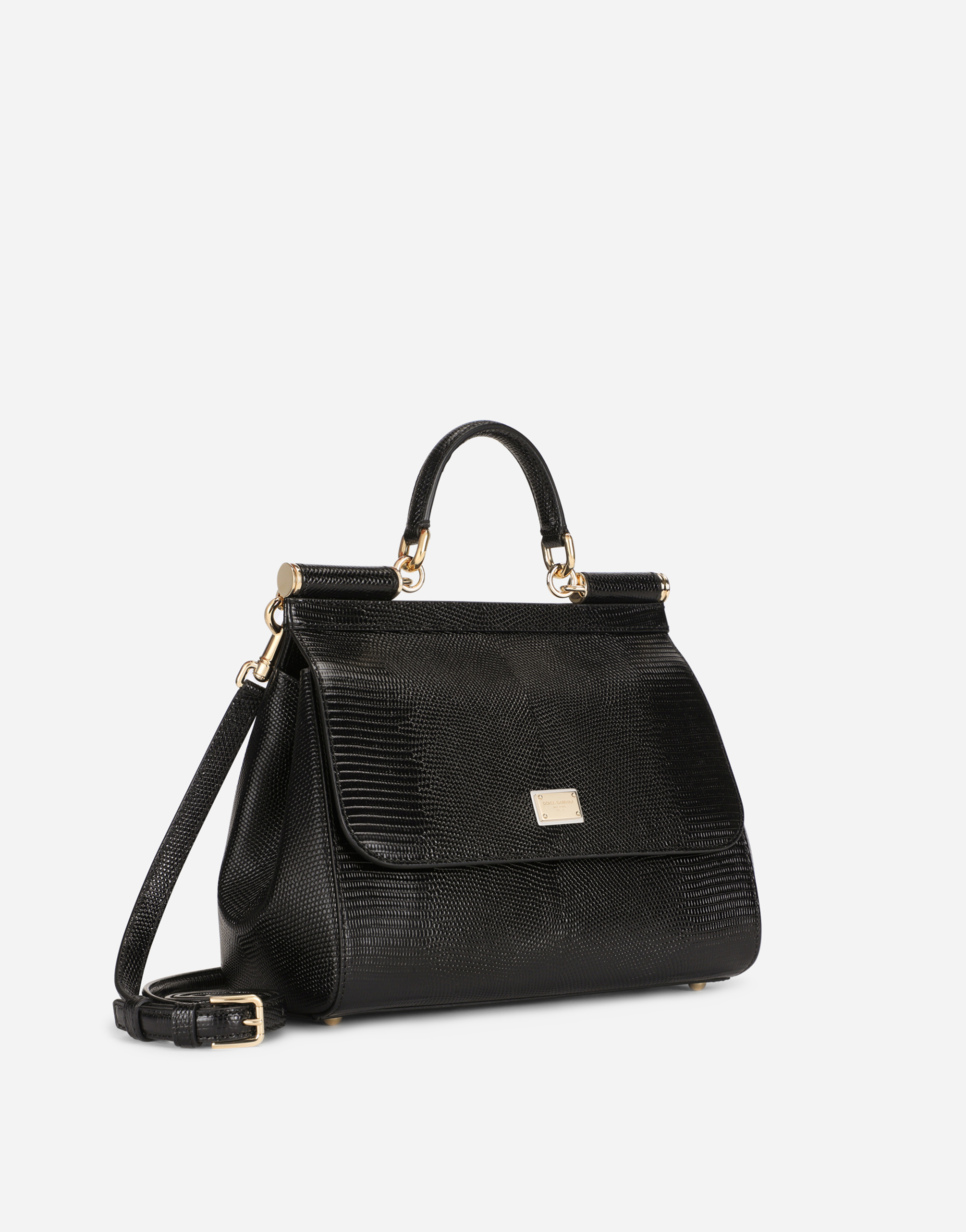 Dolce & Gabbana Medium Sicily Bag In Iguana-print Calfskin In Black