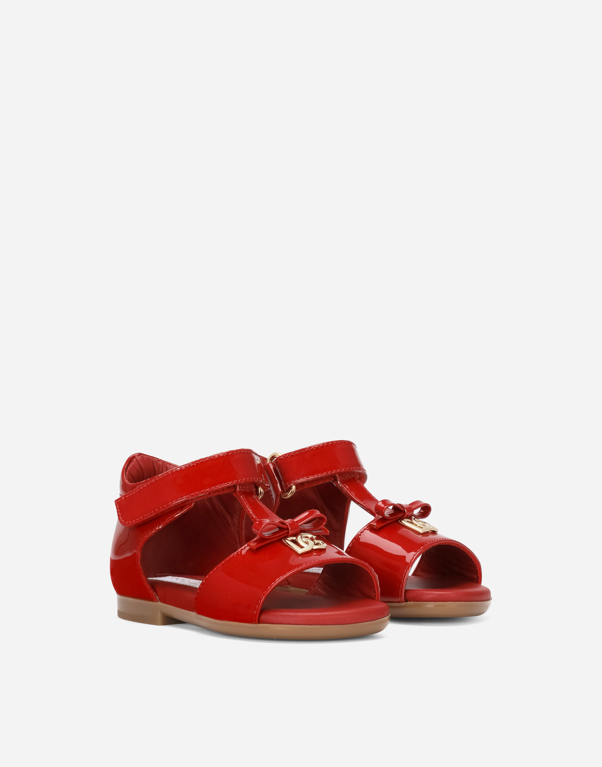 Shop Dolce & Gabbana Patent Leather First Steps Sandals With Metal Dg Logo In Red