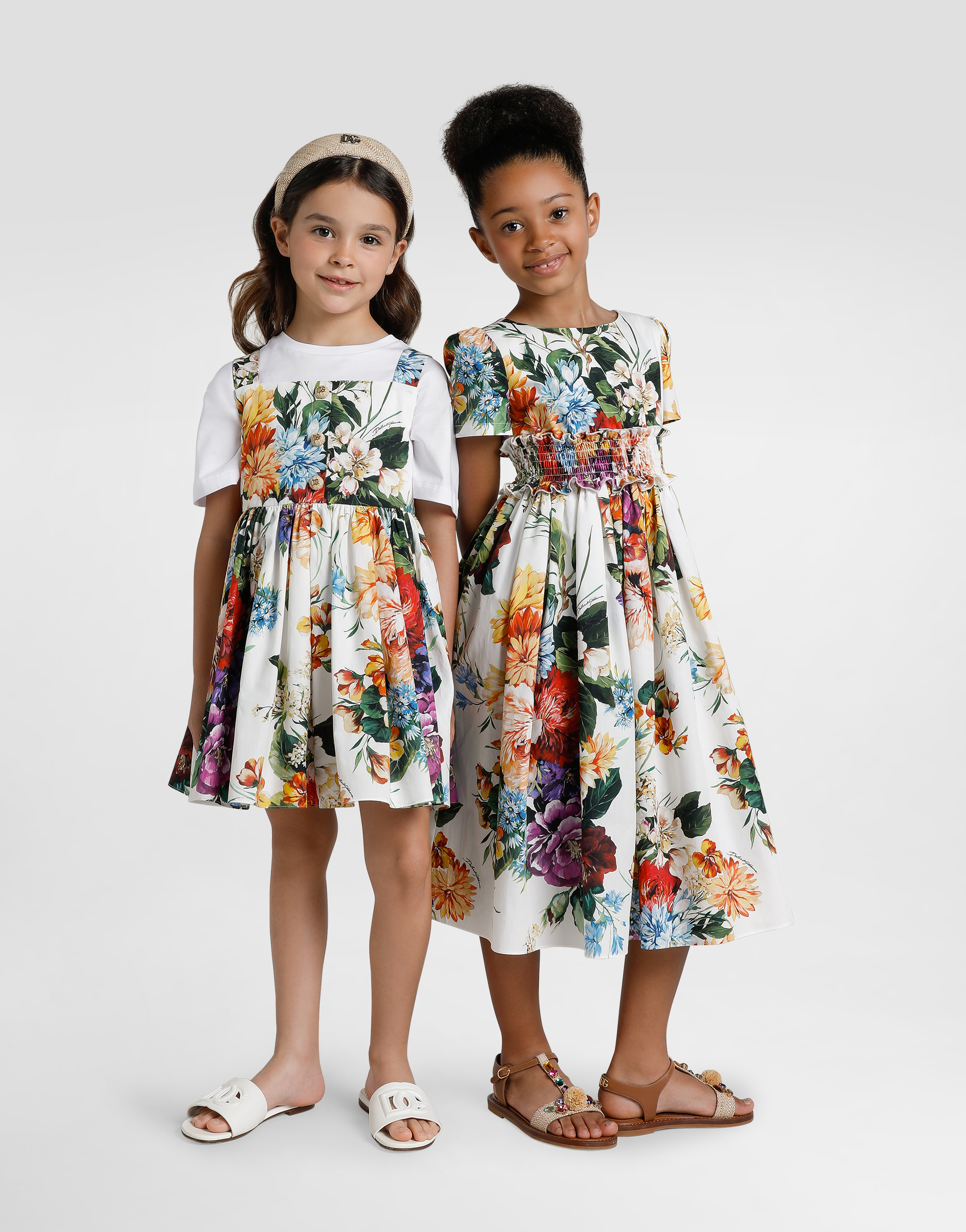 Flower-print short-sleeved poplin dress