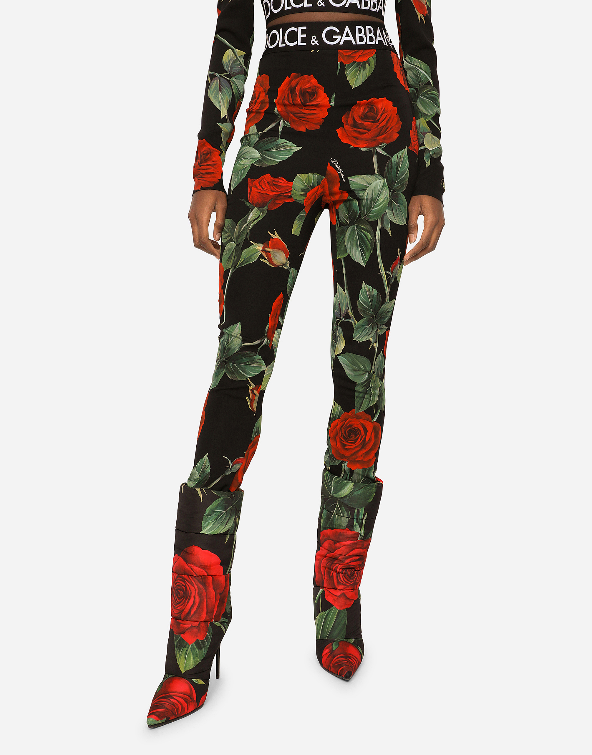DOLCE & GABBANA ROSE-PRINT CHARMEUSE LEGGINGS