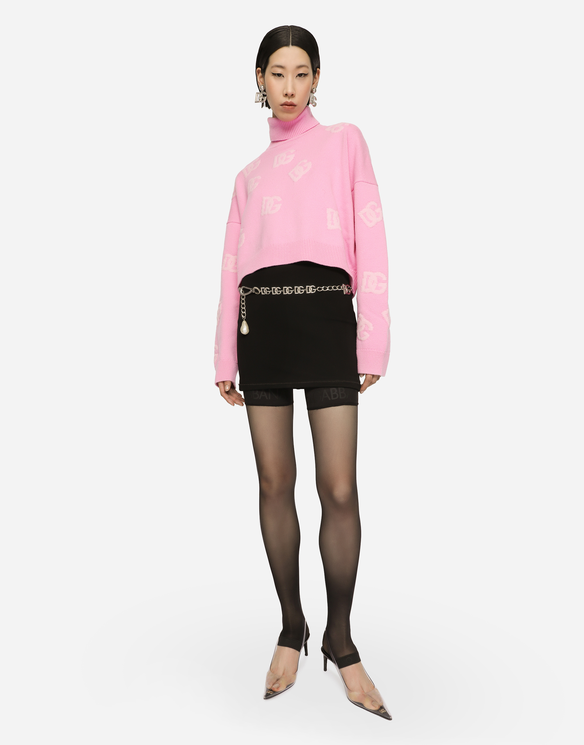 Dolce & Gabbana Cropped Cashmere Sweater With Dg Logo Inlay In Multicolor