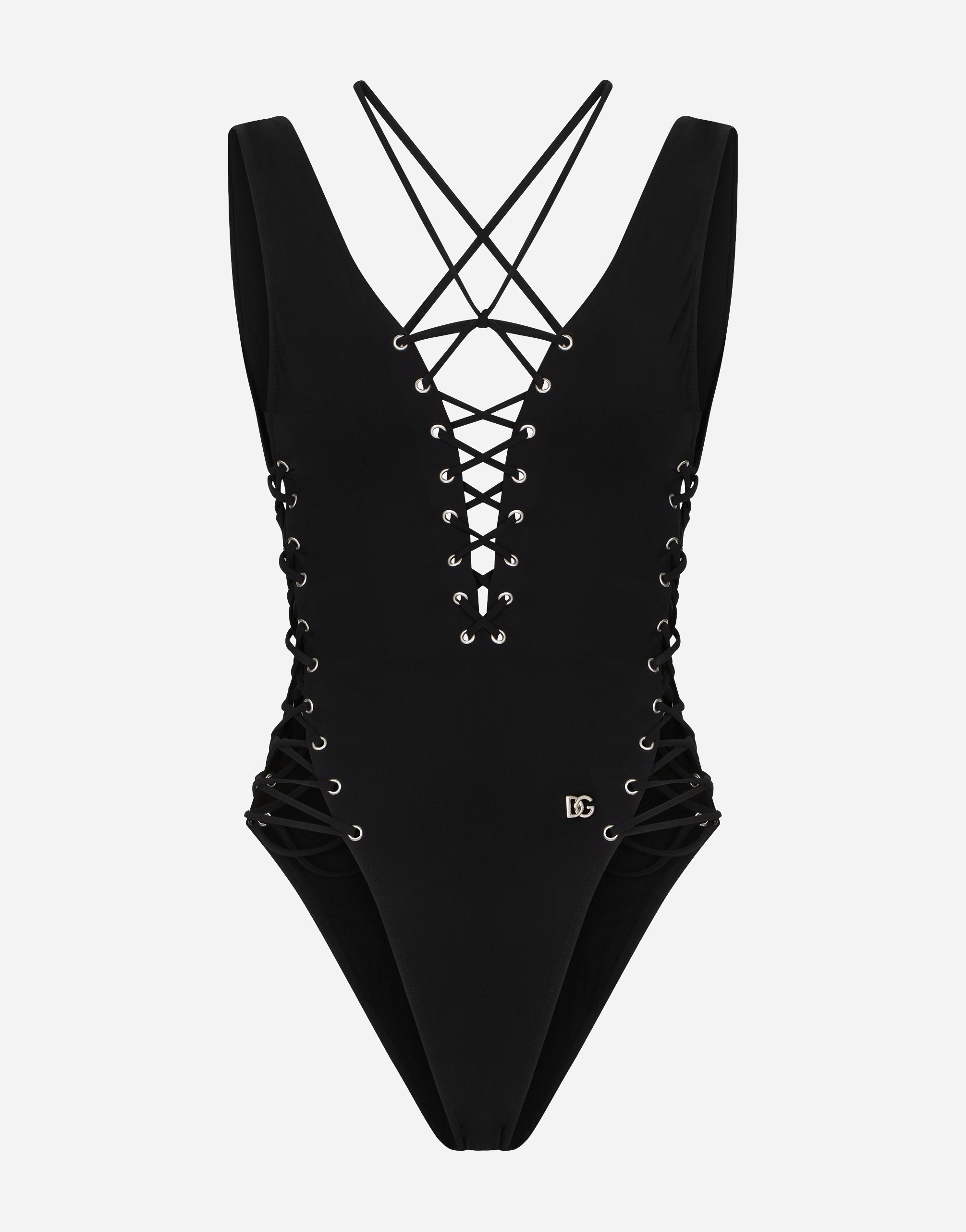 Shop Dolce & Gabbana One-piece Swimsuit With Plunging Neckline And Lacing And Eyelets In Black
