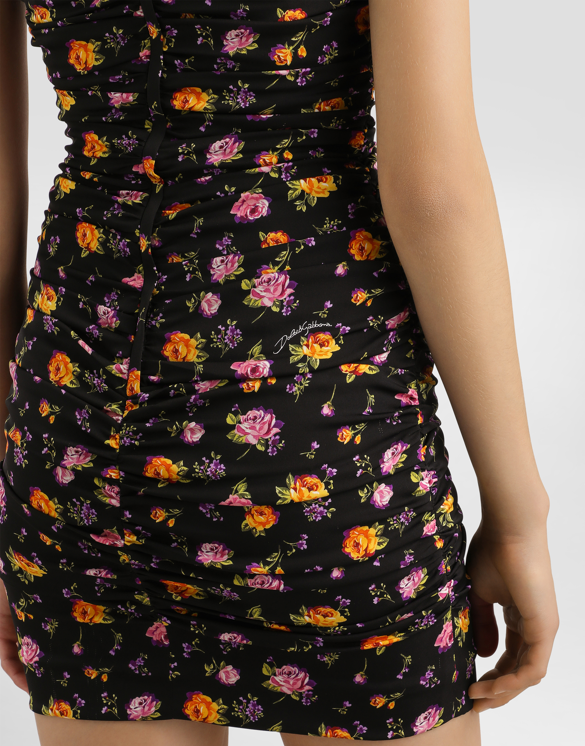 Dolce & Gabbana Small Rose Bouquets-print Draped Charmeuse Dress In Multi