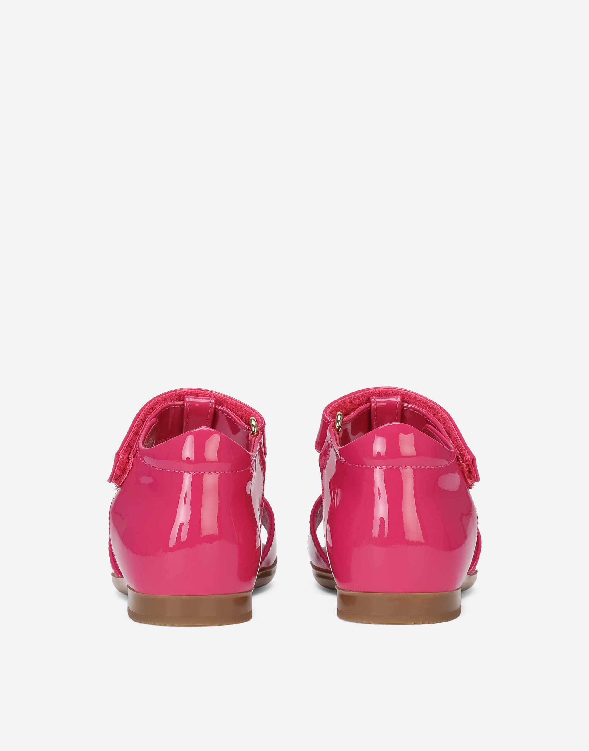Shop Dolce & Gabbana Patent Leather First Steps Sandals With Metal Dg Logo In Pink