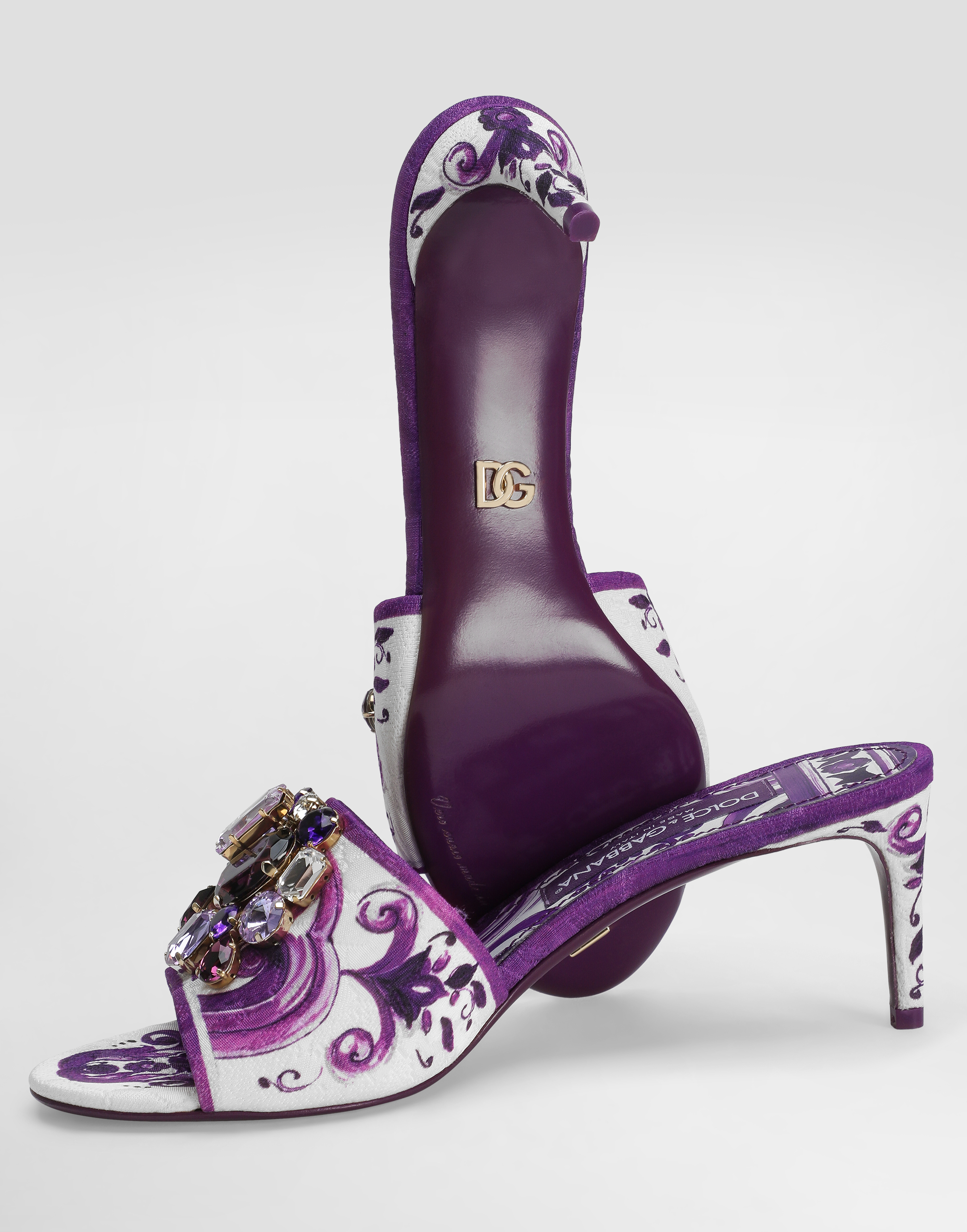 Dolce & Gabbana Brocade Mules With Jewel Embroidery In Purple