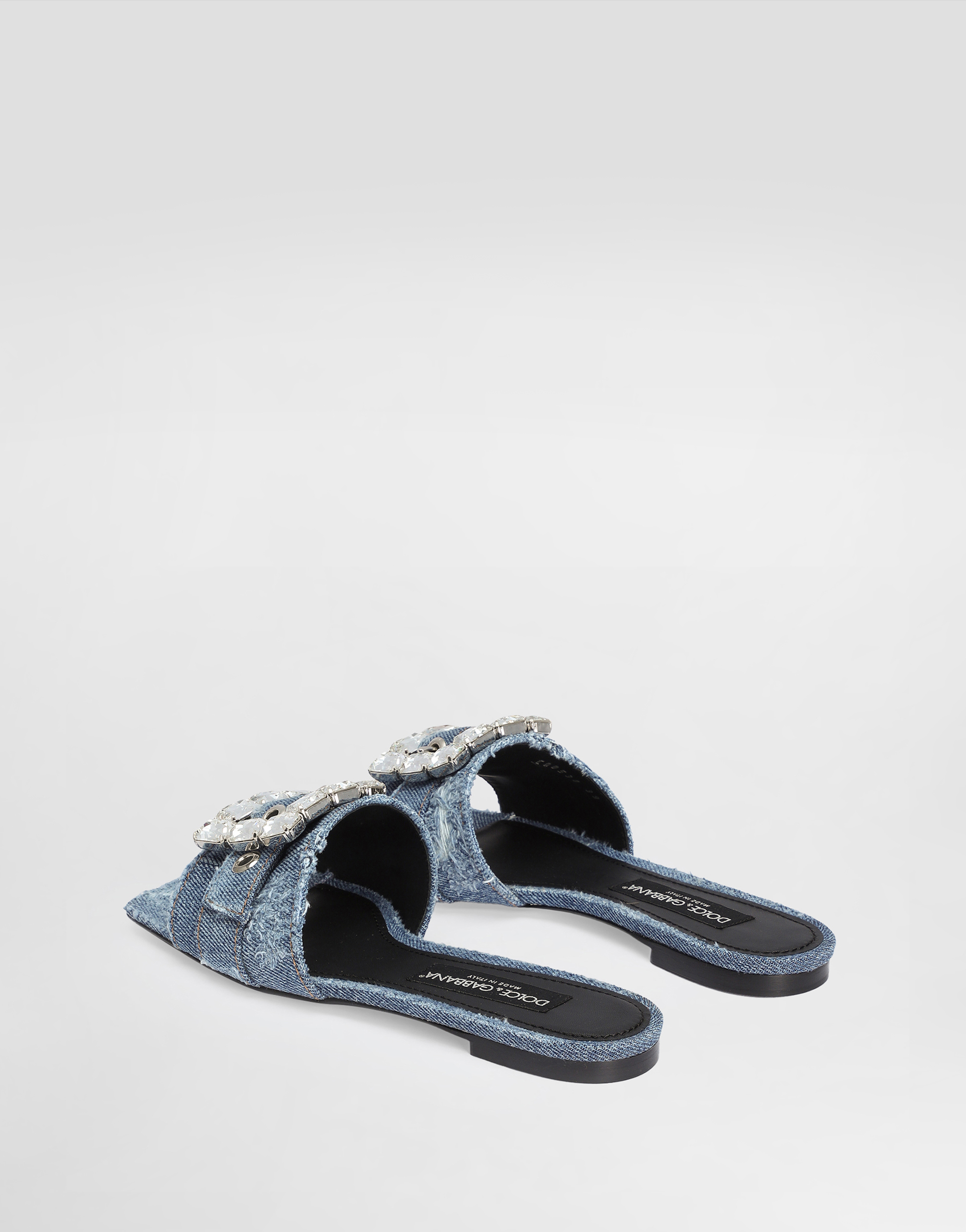 Shop Dolce & Gabbana Patchwork Denim Slides With Rhinestone Buckle In Blue