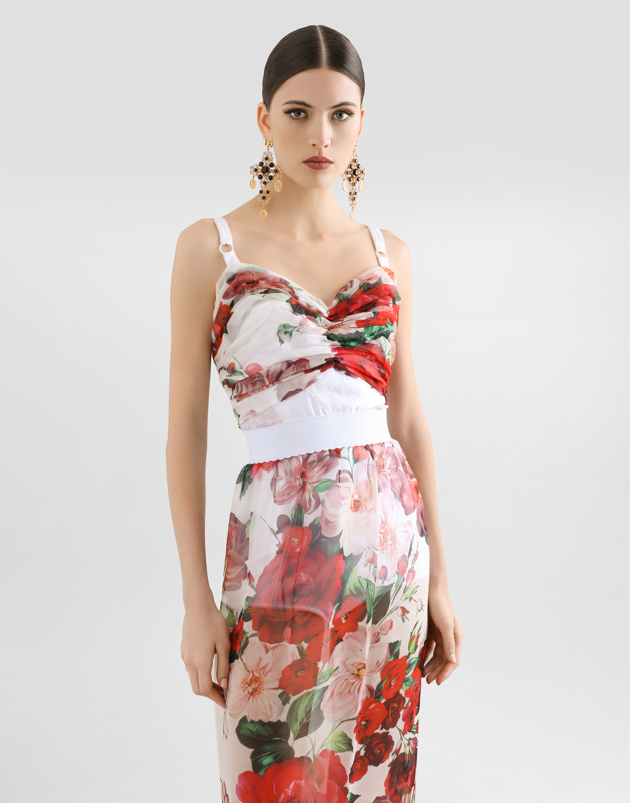 Shop Dolce & Gabbana Rose-print Marquisette And Chiffon Corset Top