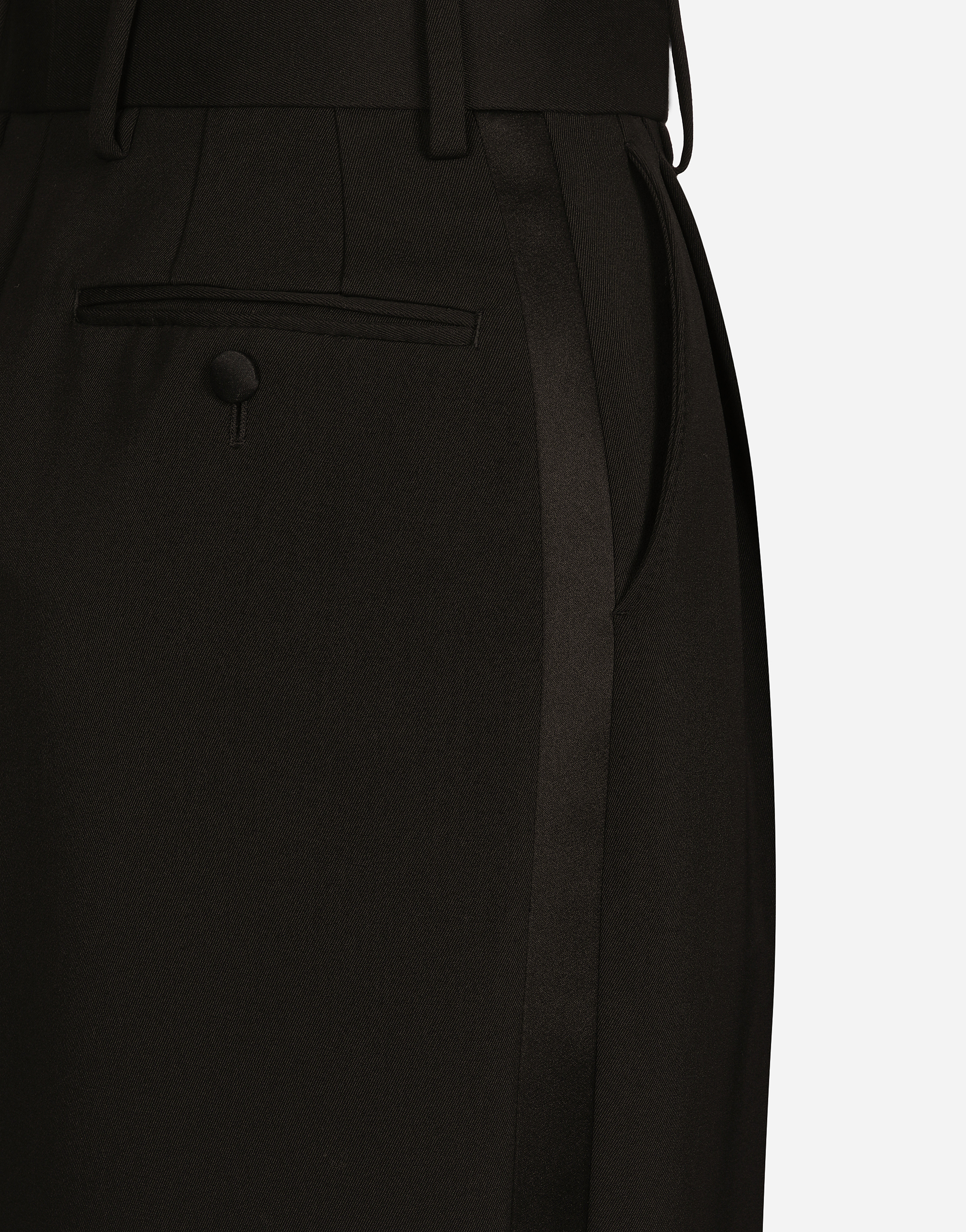 Wool gabardine calf-length tuxedo pencil skirt