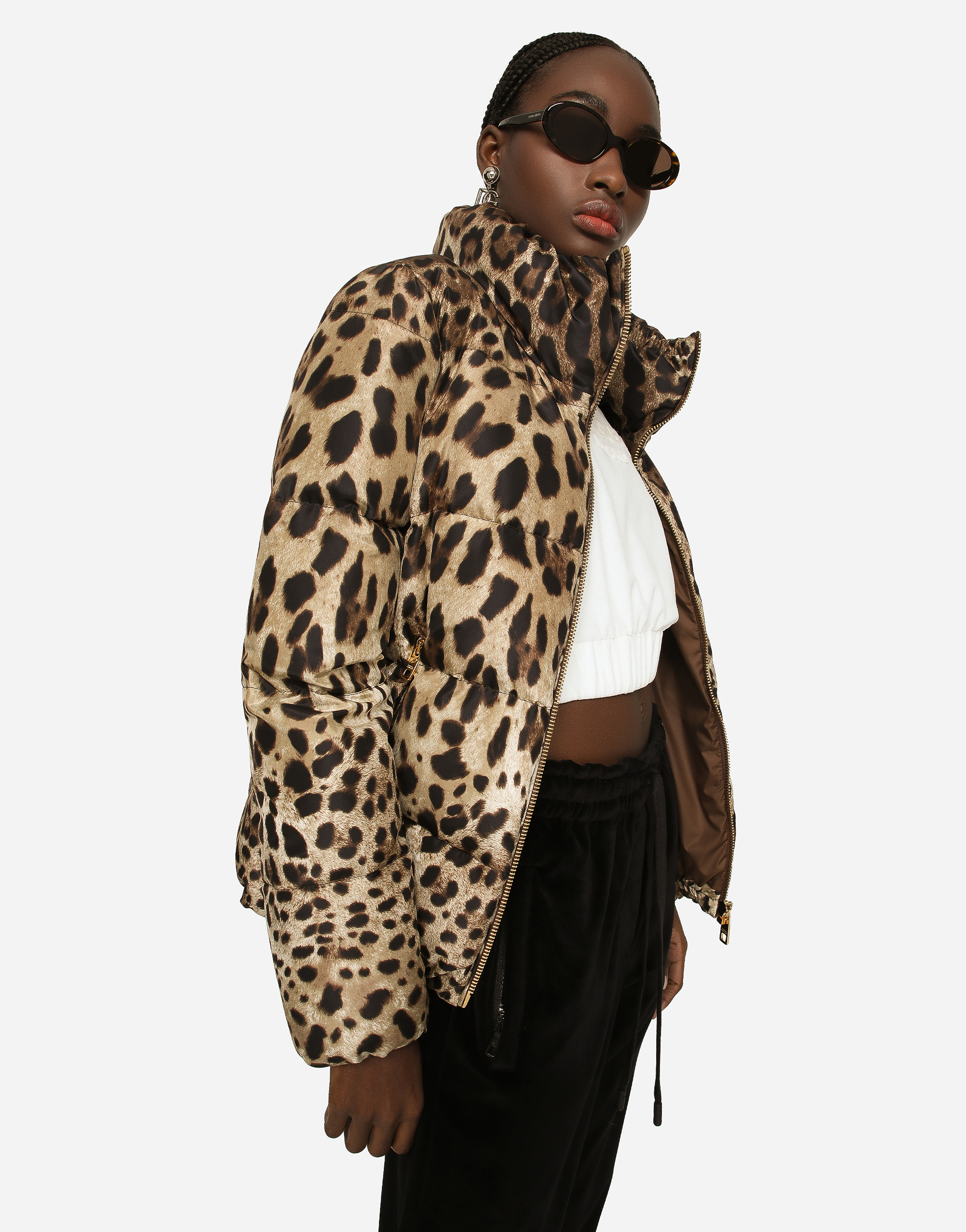 Dolce & Gabbana Brown Down Jacket With High-neck With All-over Leo Print In Nylon Woman In Animal Print