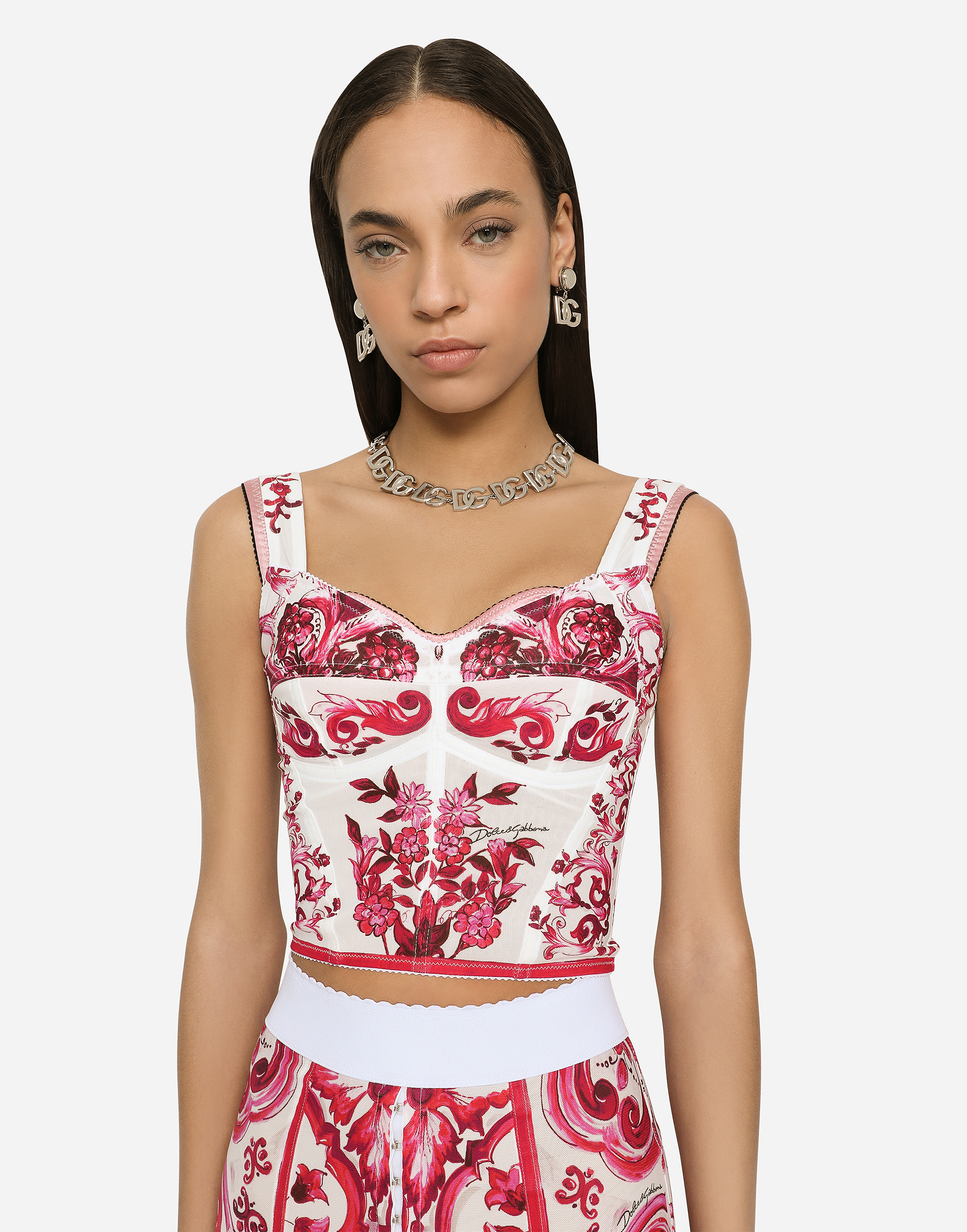 DOLCE & GABBANA MAJOLICA-PRINT MARQUISETTE BUSTIER TOP