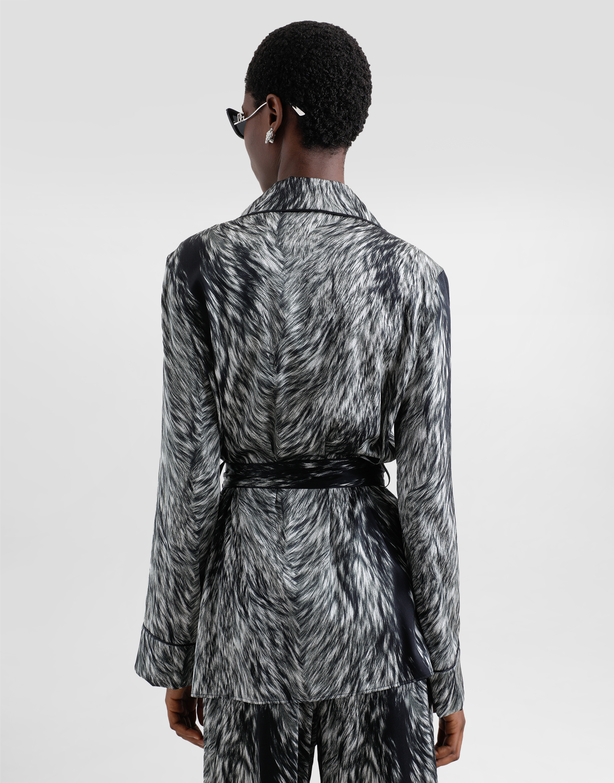 Silk satin pajama shirt with fur print