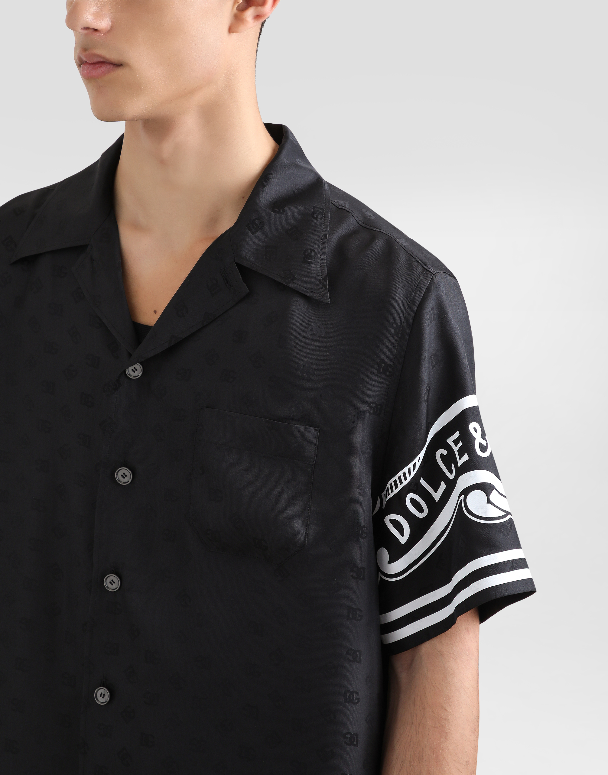 Dolce & Gabbana Black Shirt With Logo Print On The Sleeves In Silk Man In Black