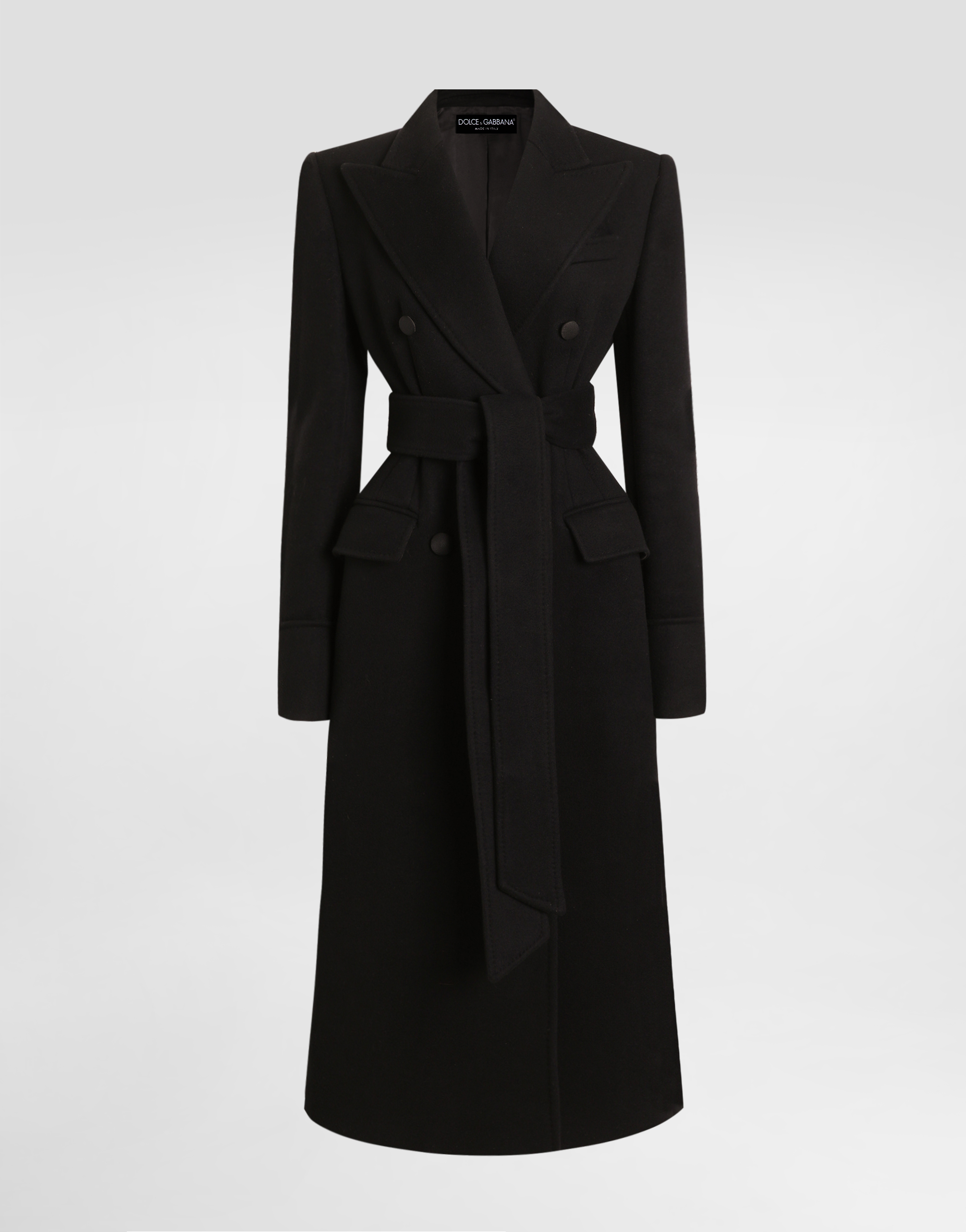 Double-breasted woolen cloth belted coat in BLACK for Women