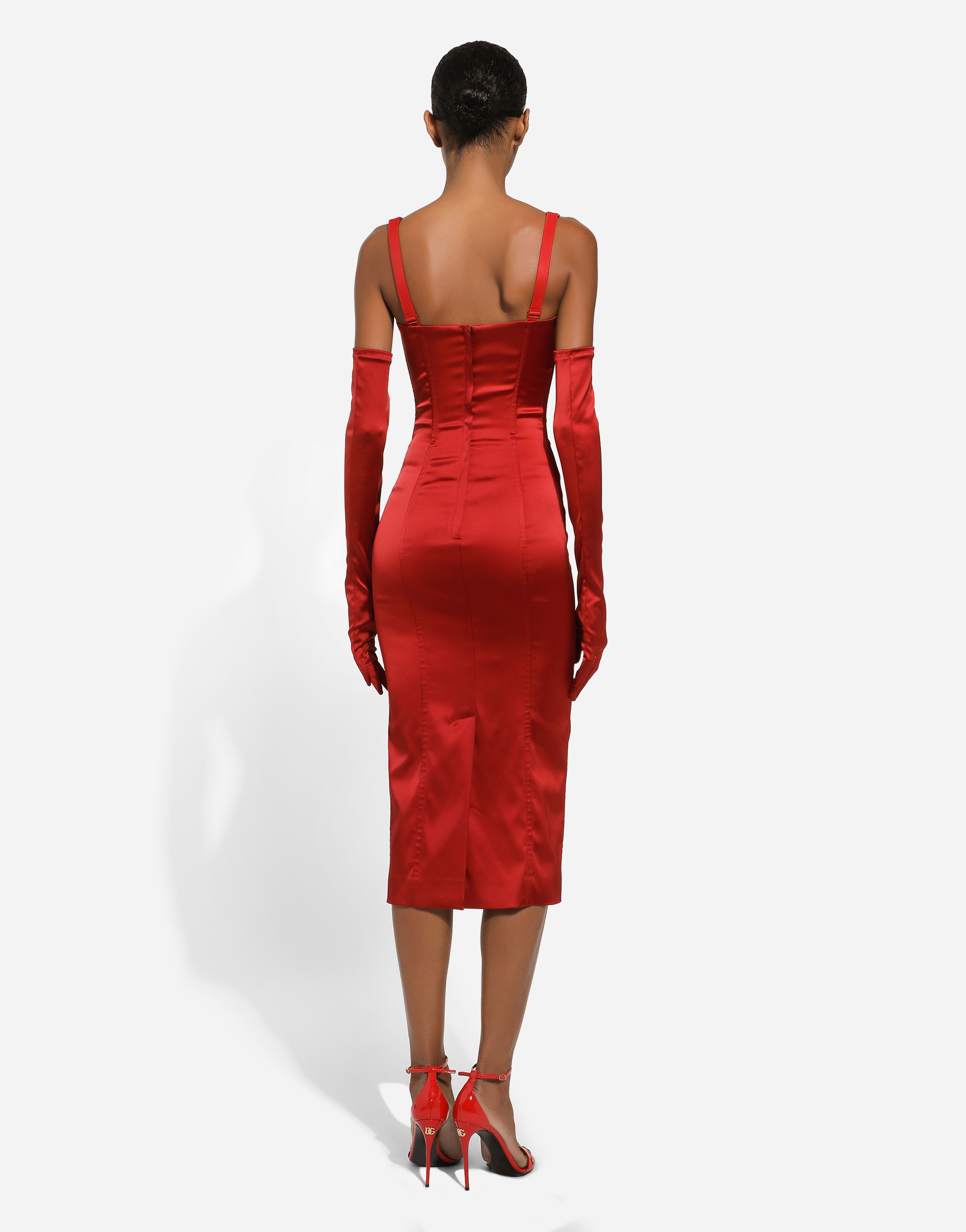 Shop Dolce & Gabbana Satin Calf-length Dress With Corset Bustier In Red