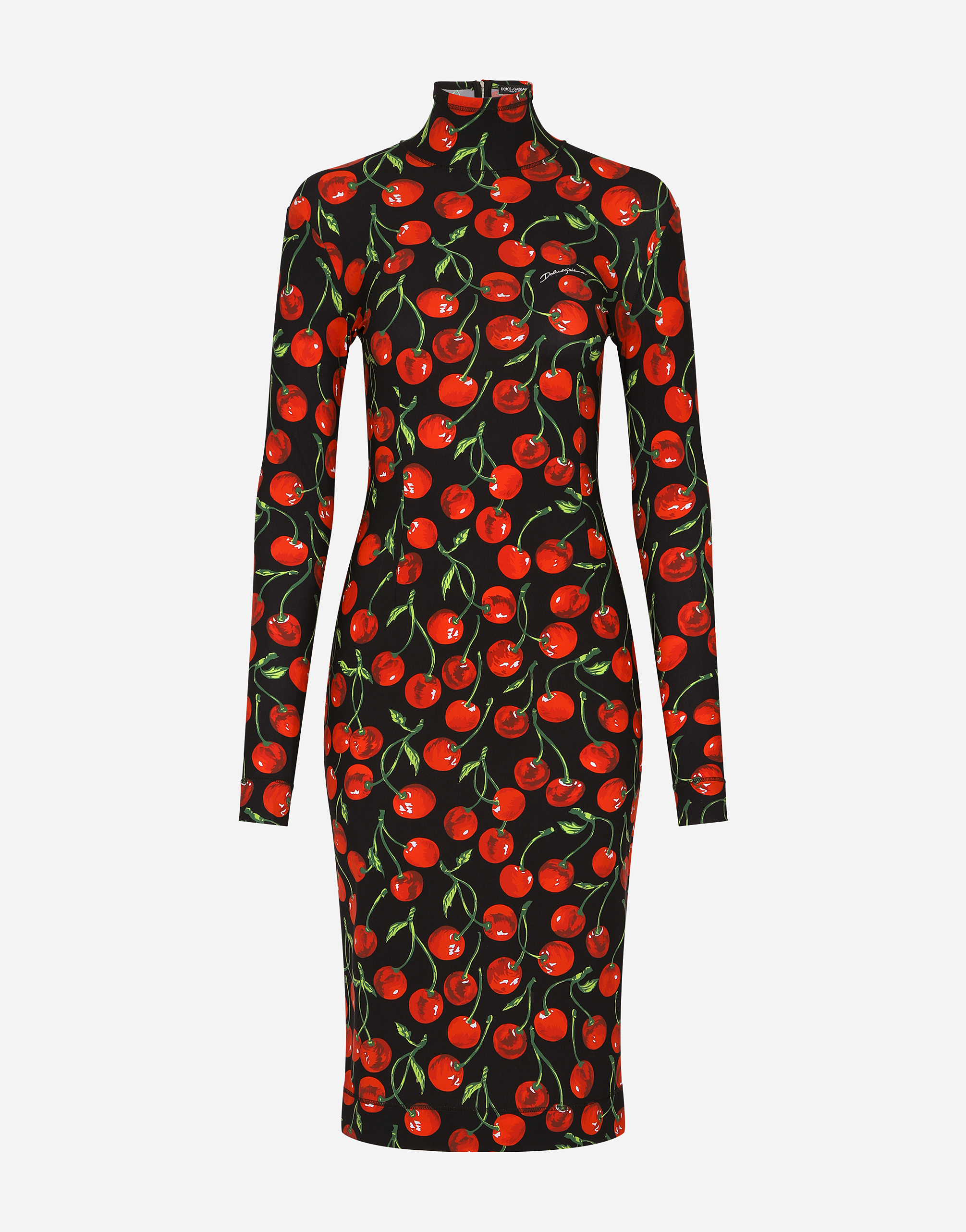 Dolce & Gabbana Long-sleeved Jersey Midi Dress With Cherry Print In Multicolor