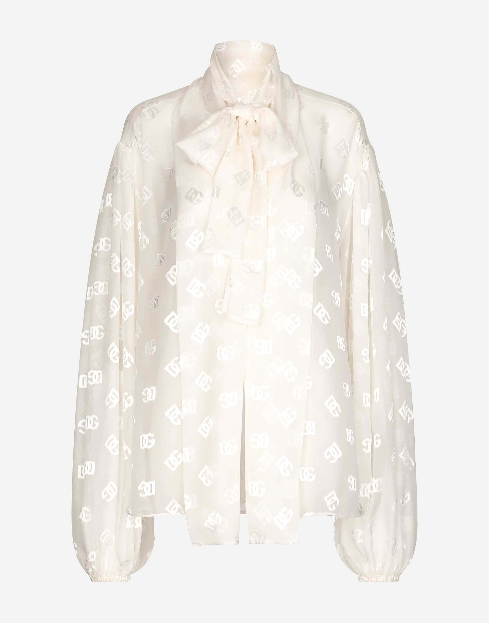 Dolce & Gabbana Devoré Satin Pussy-bow Shirt With All-over Dg Logo In White