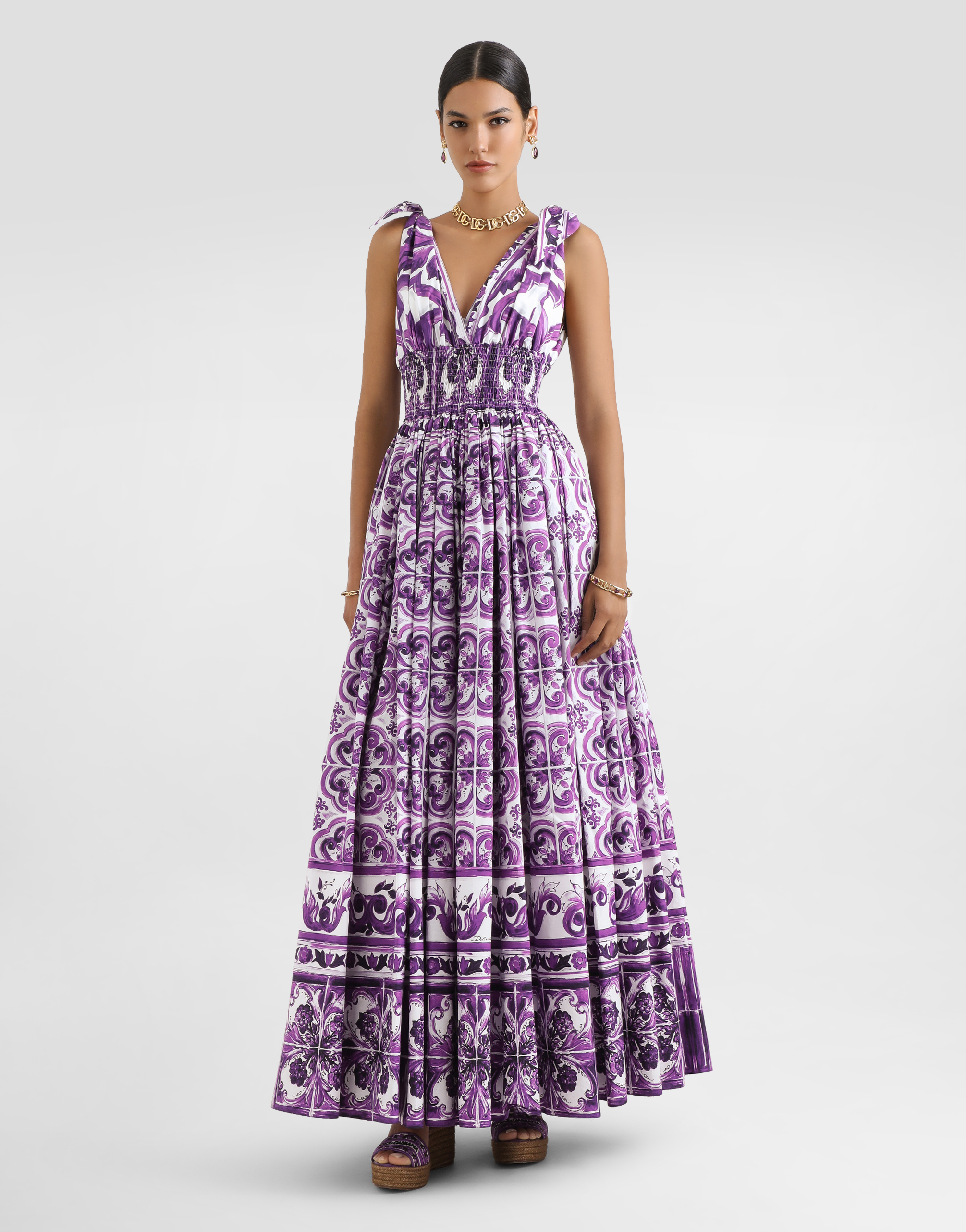 Dolce & Gabbana Smocked V-neck Maxi Dress With Tie Straps In Brown