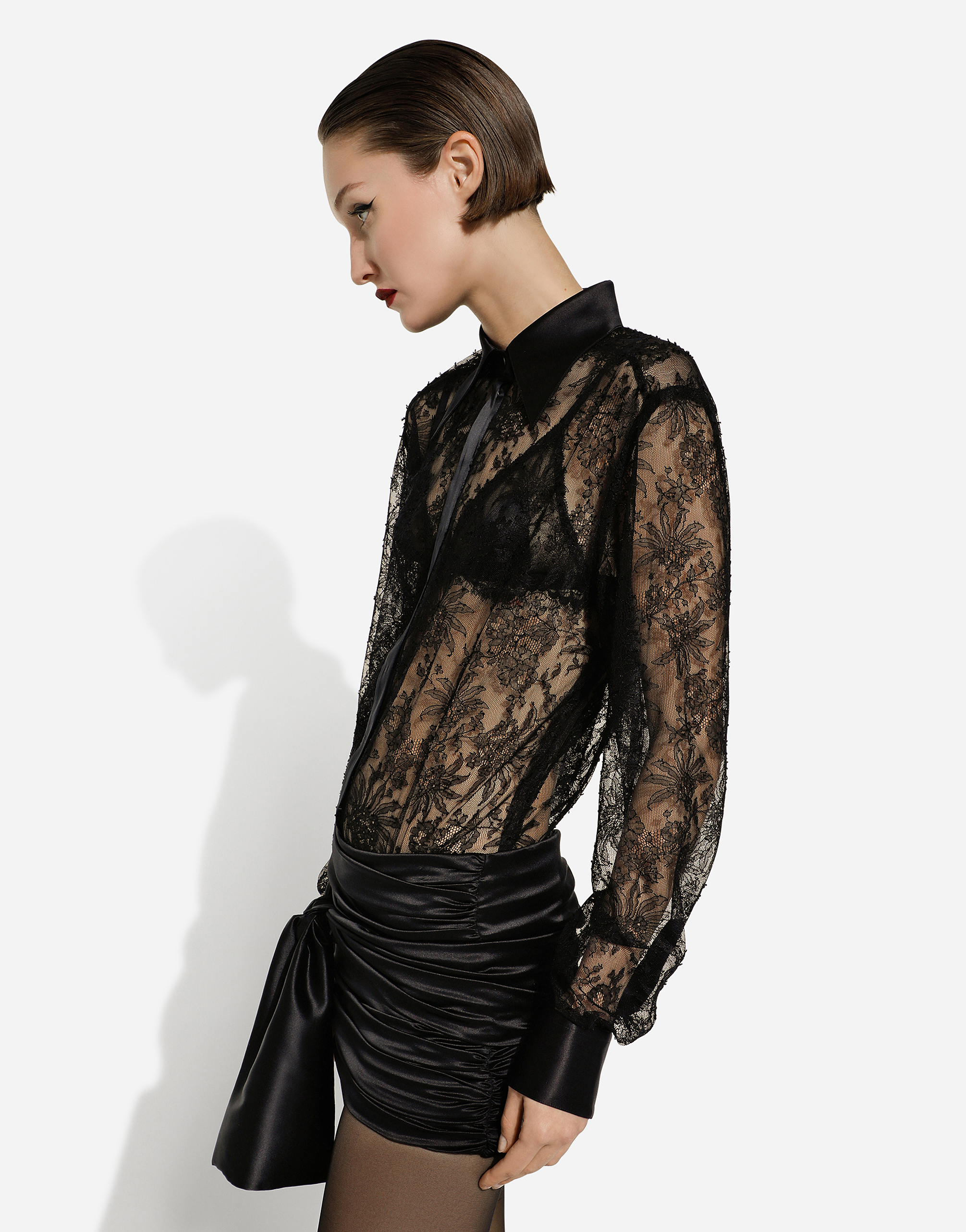 DOLCE & GABBANA CHANTILLY LACE SHIRT WITH SATIN DETAILS