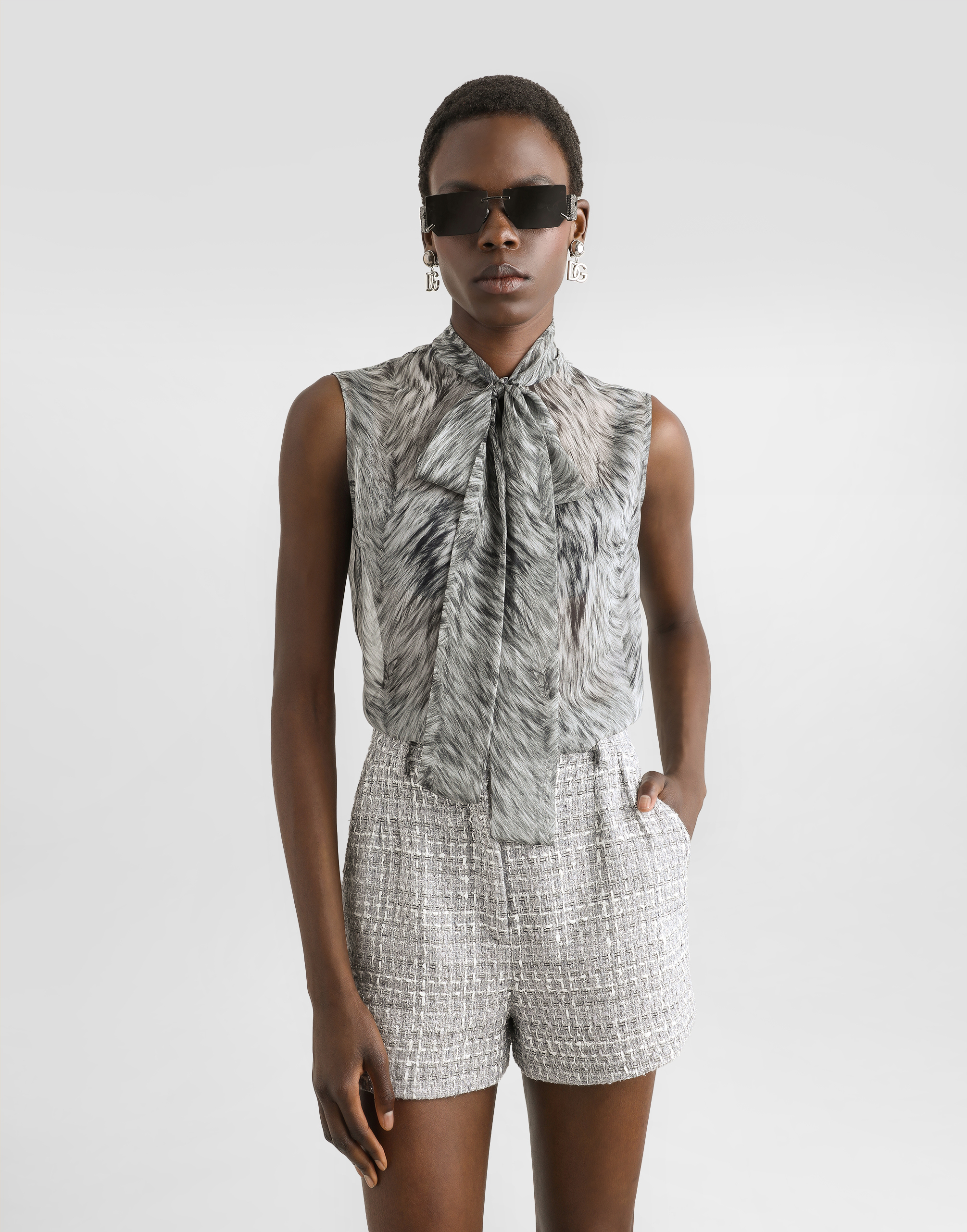 Dolce & Gabbana Shirt With Bow In Chiffon Print Fur In Grey