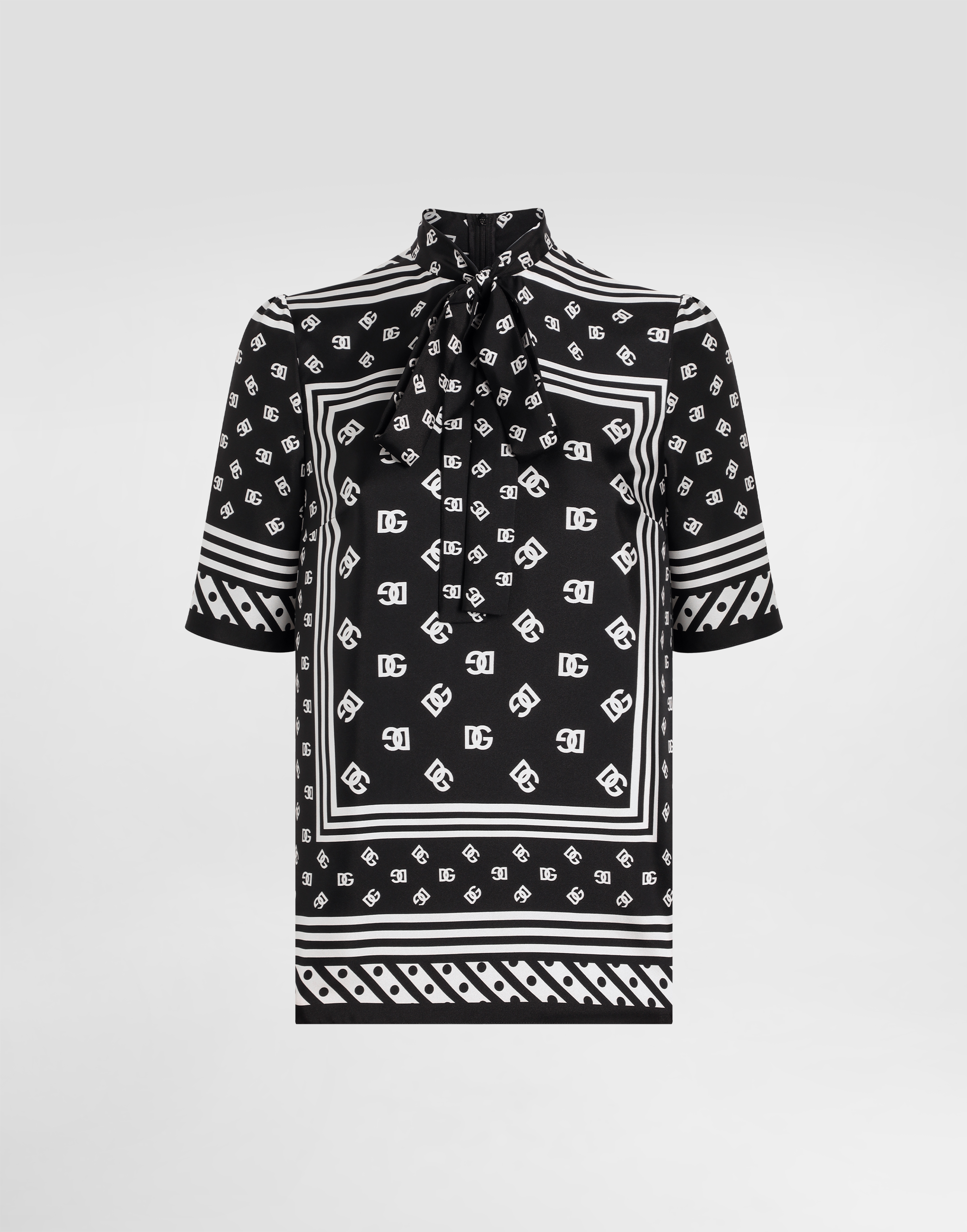 Dolce & Gabbana Short-sleeved Silk Blouse With Pussy-bow And All-over Dg Logo Scarf Print In Black